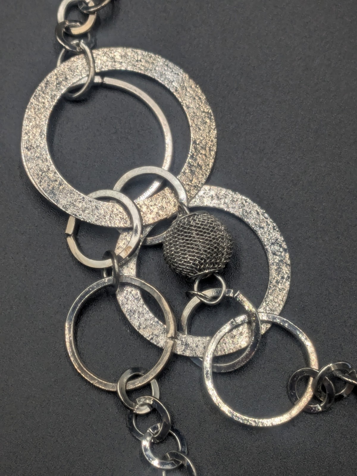 Vintage Double Layer Silver & Gray Necklace W/ Open Circles And Mesh Balls