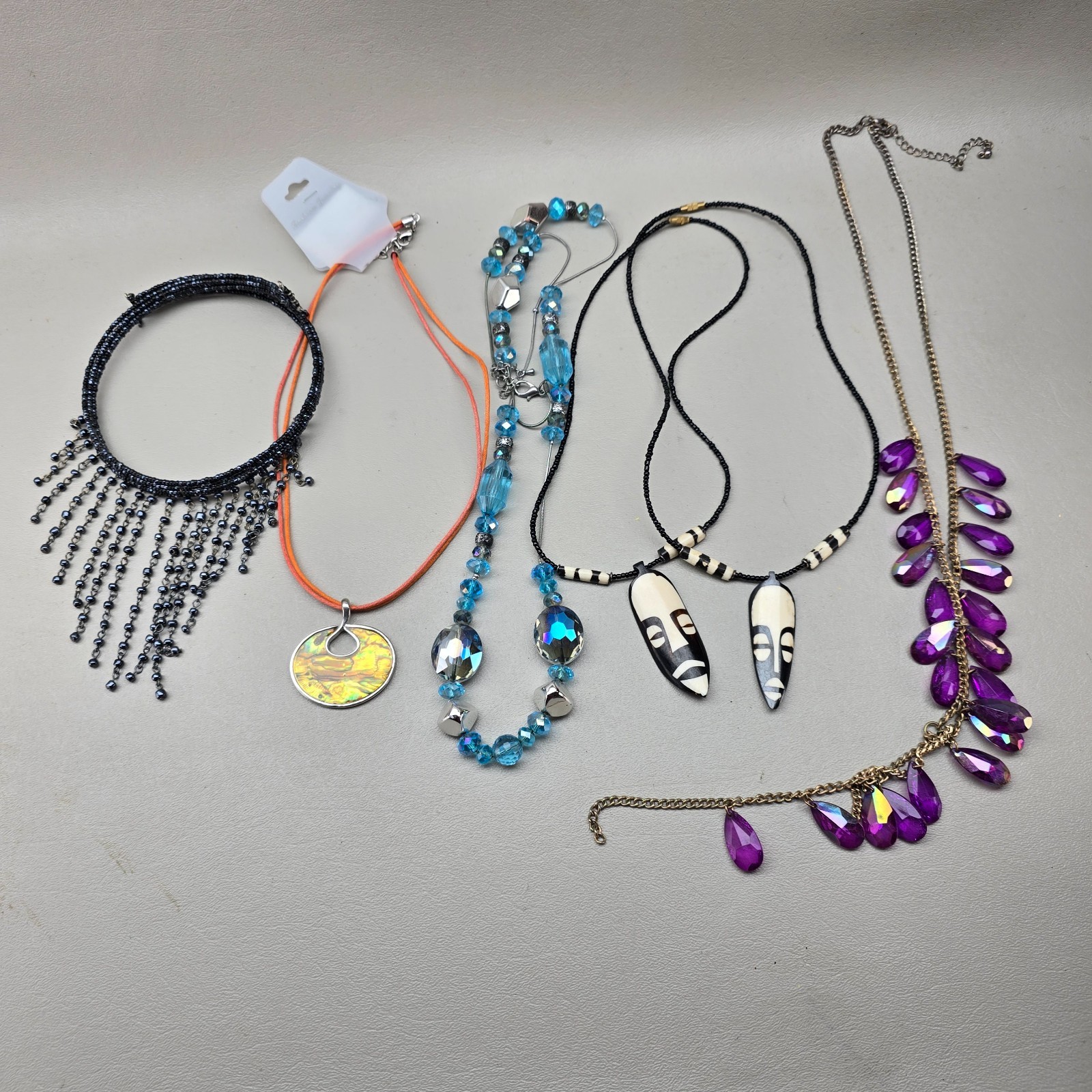 Vintage Necklace Lot Beaded Statement Tribal Mask Abalone Pendant Glass Crystal