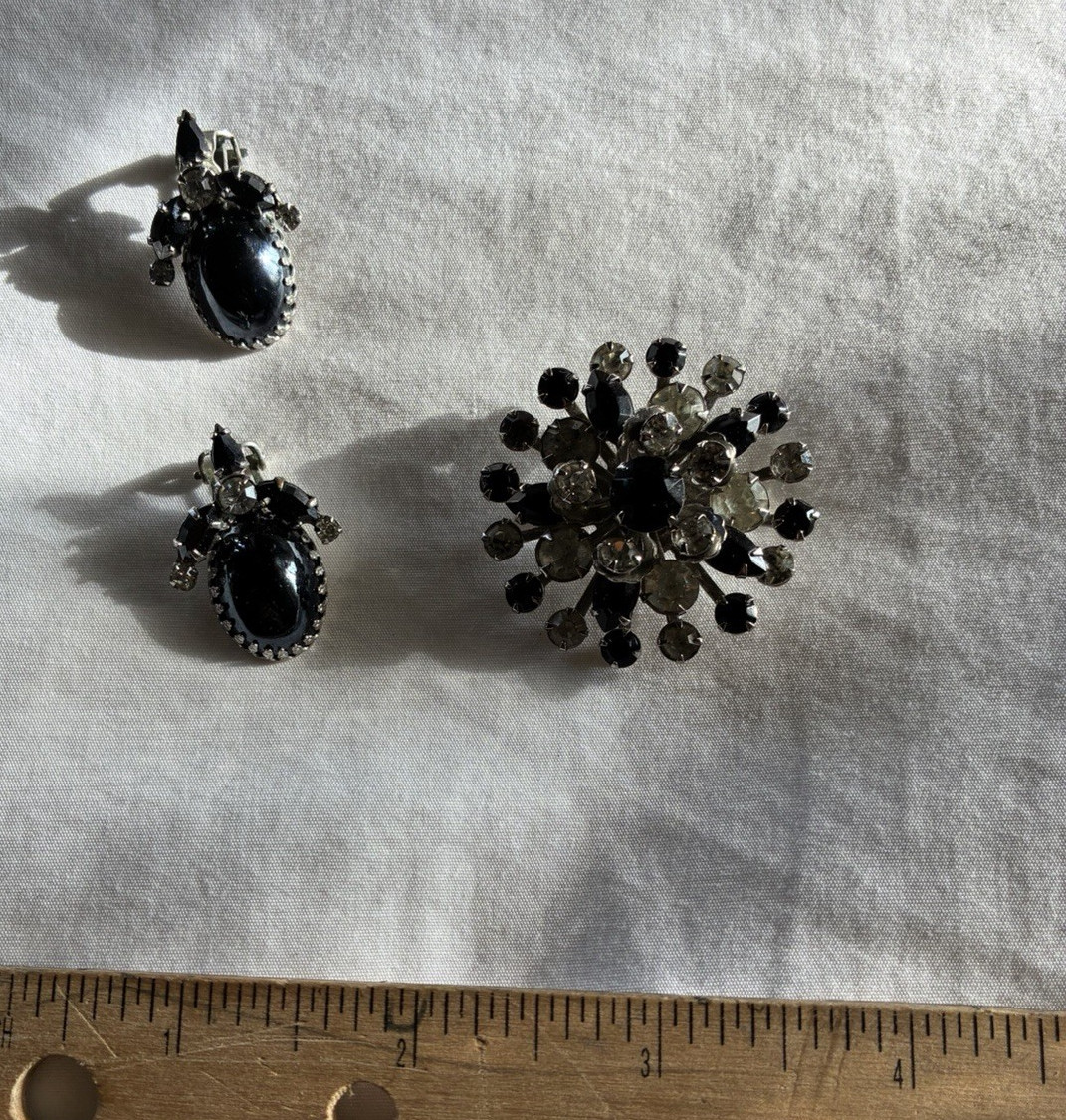 Vintage Silver and Black & Clear Rhinestone Clip-On Earrings & Brooch Set