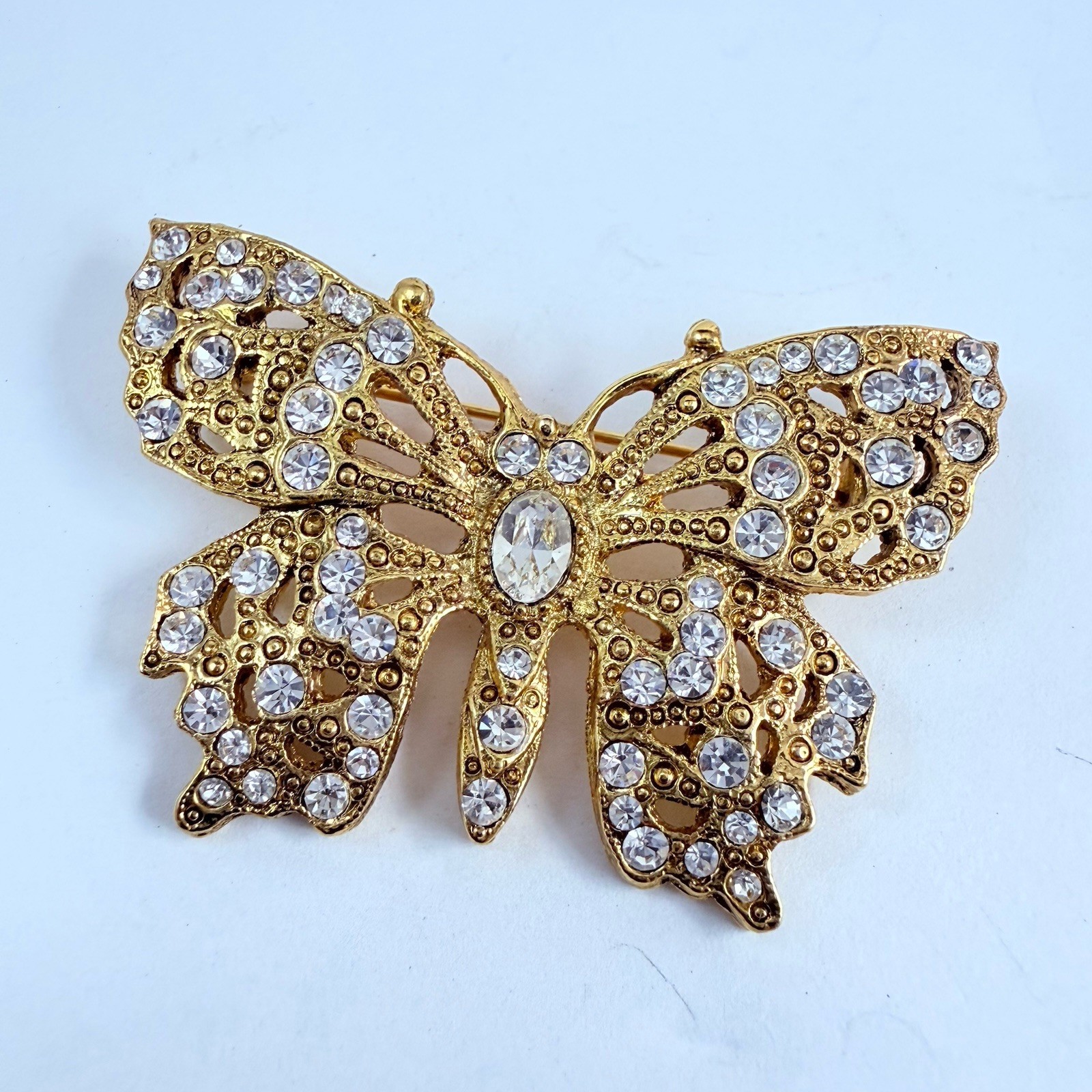 Vintage 1928 Brand Rhinestone Butterfly Brooch Gold Tone Pin