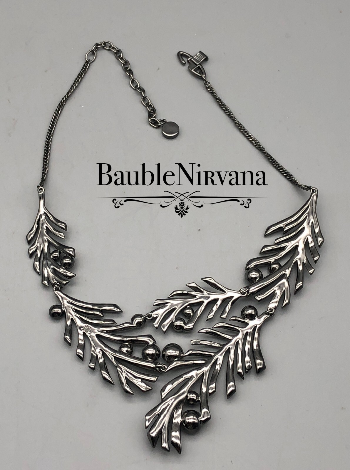 Givenchy Gun Metal & Rhinestone Textured Leaves Statement Bib Necklace WOW!!