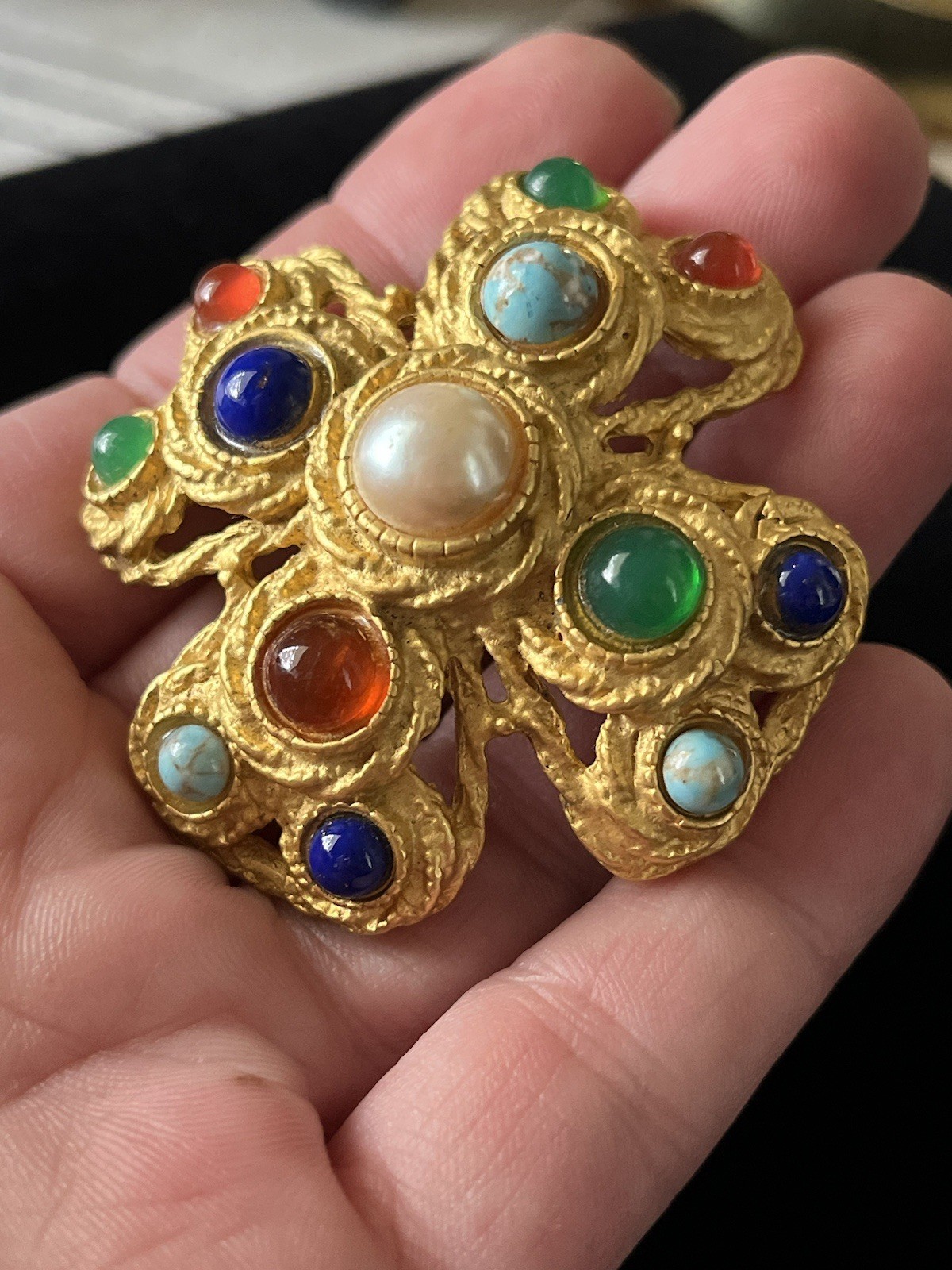 Vintage Maltese Cross Brooch Gripoix Style Gold Glass Cabochon Sphinx HAR