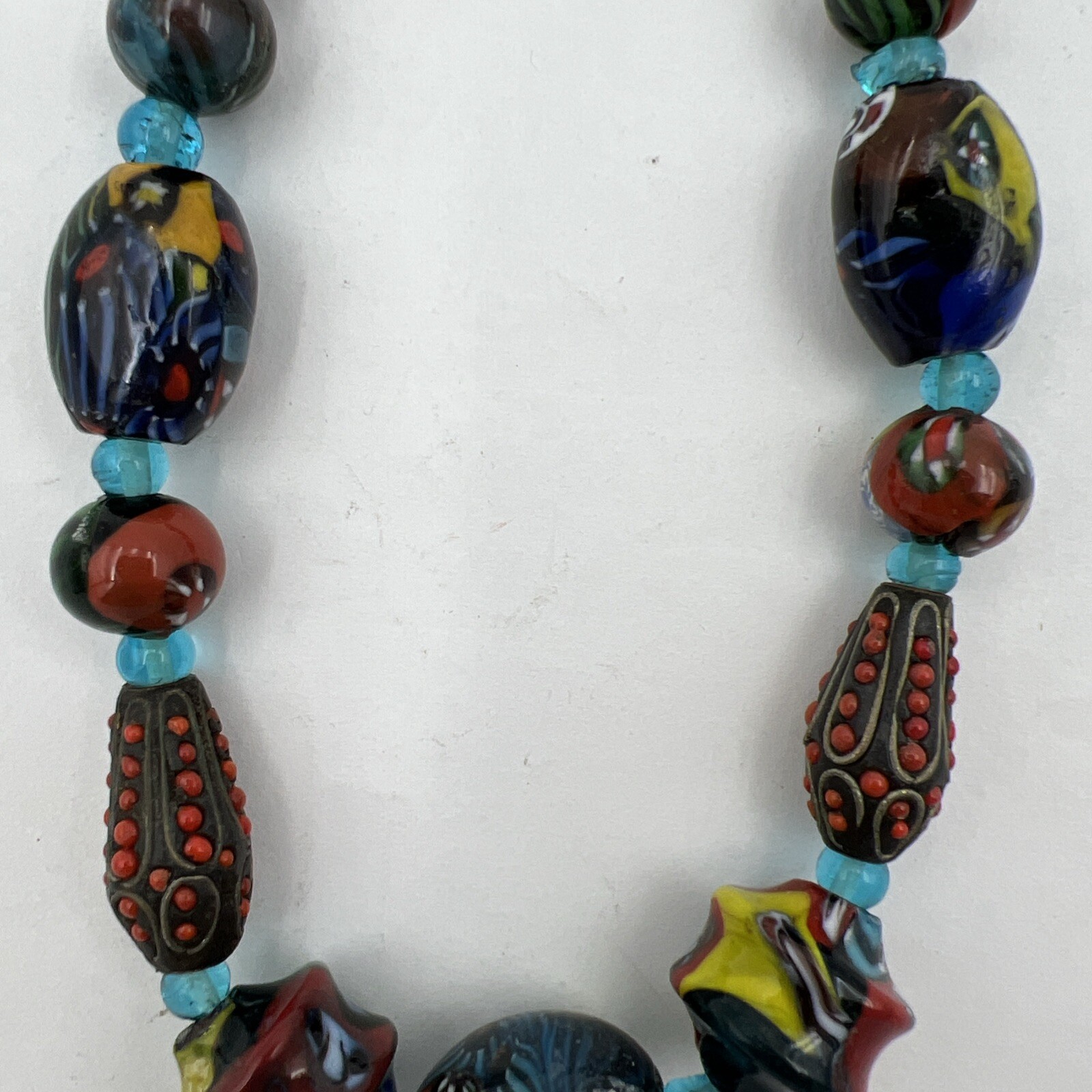 Vtg Murano Millefiori Venetian Oval Glass Different Shapes Bead Necklace