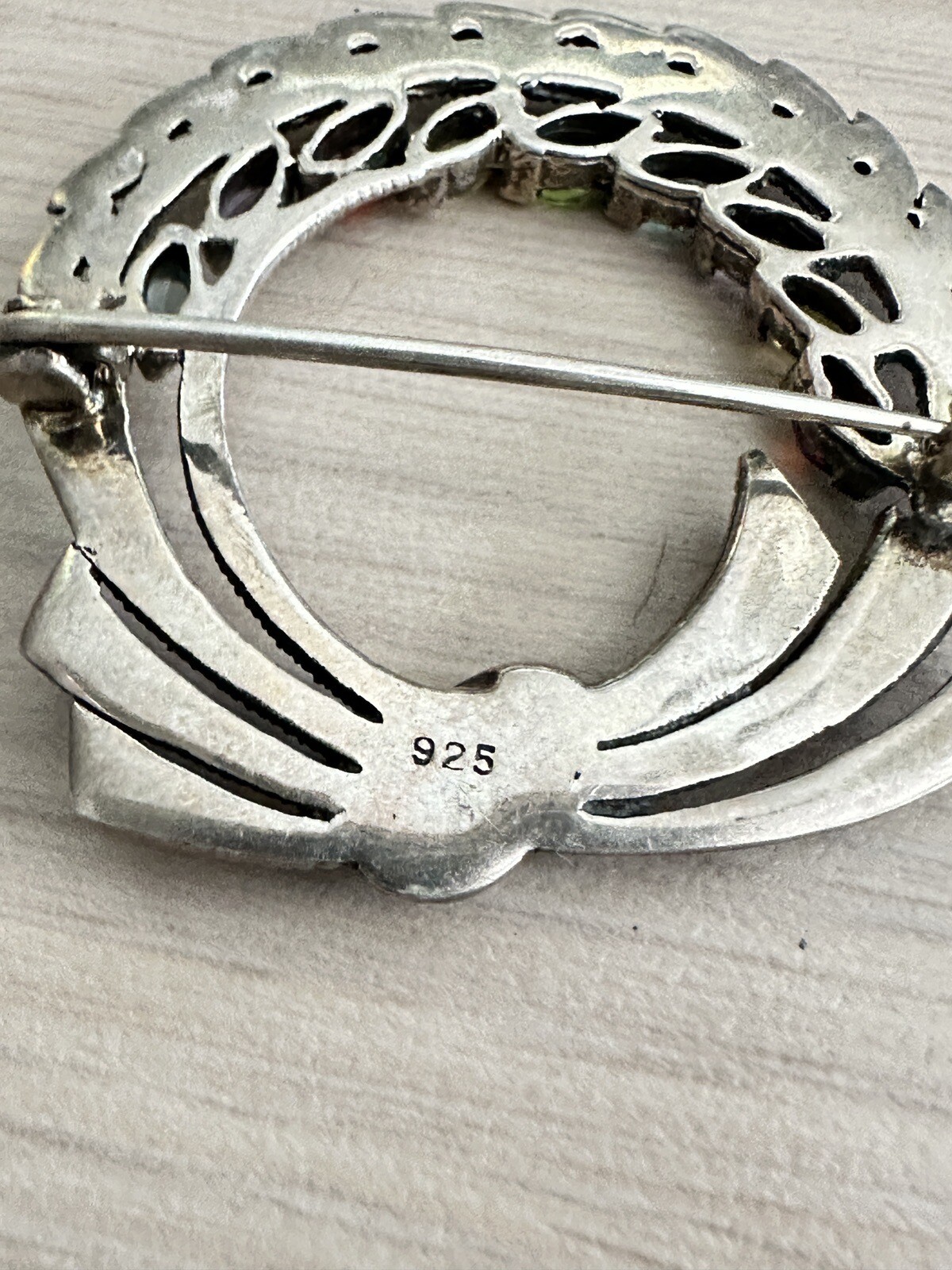 Sterling Silver Semi Precious Multicolor Stones and Marcasite Circle Bow Pin