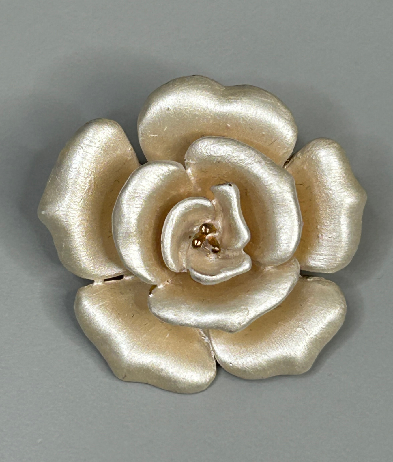 Vintage Gold Tone Enamel Champagne White Rose Brooch Pin 1.5″ x 1.5″