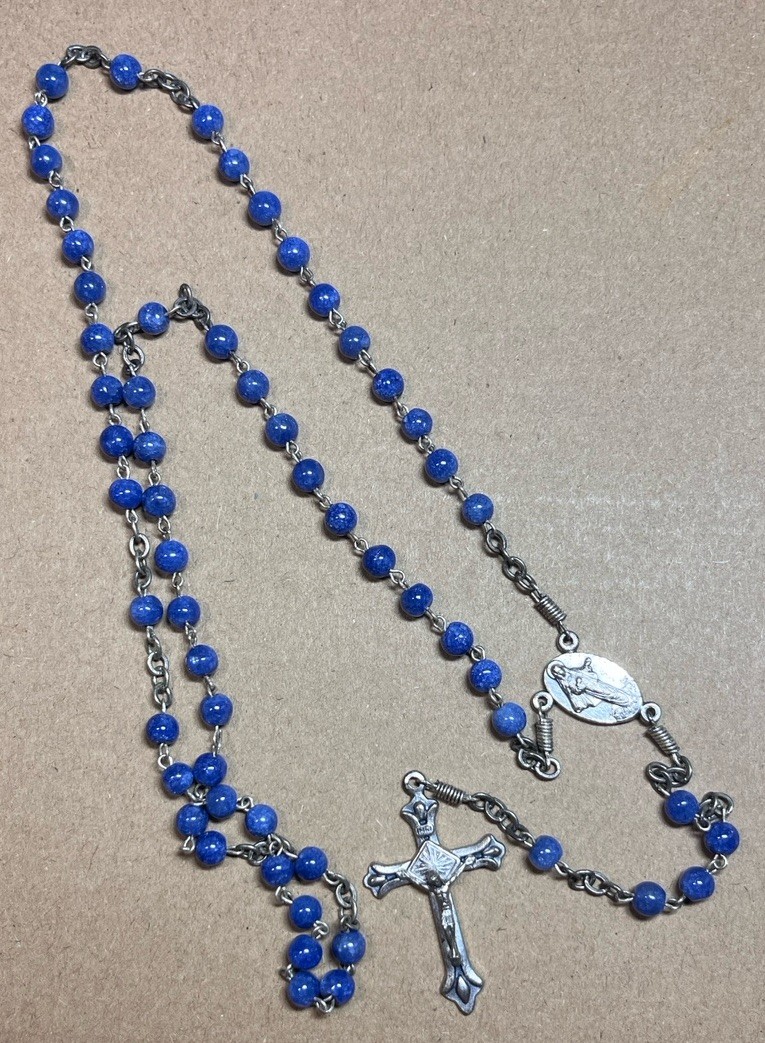 Vintage Silver Rosary Cross Crucifix Ocean Blue Glass Beads Italy Mary Catholic