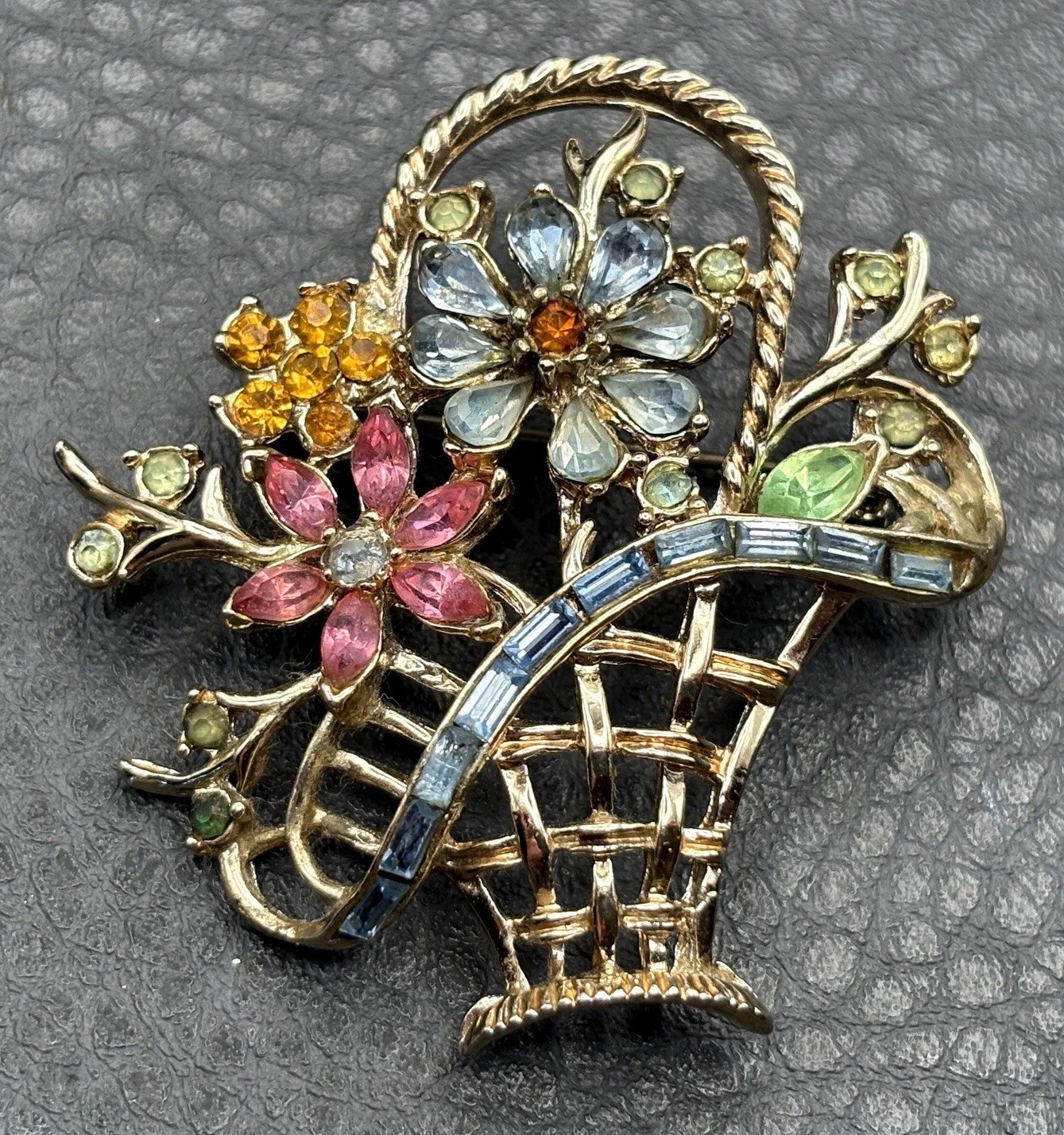 Vintage Signed Coro Multicolor Rhinestone Daisy Flower Basket Brooch Pin