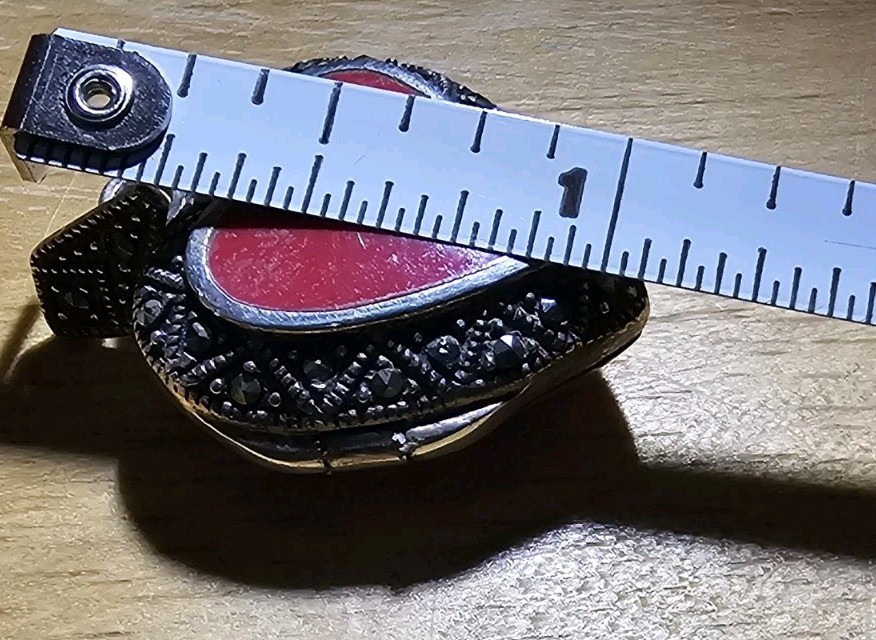 Sterling Silver Marcasite Puffy Heart Locket Pendent Charm Red Coral Center
