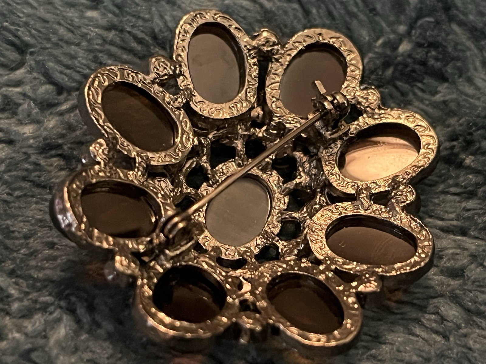Jappaned Brooch Flower Faceted Brown, Black & Clear Rhinestones Tiger Eye Center
