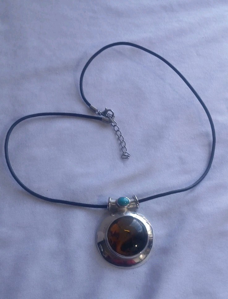 Vintage 1980’s Amber Turquoise And 950 Silver Pendant on Leather Cord