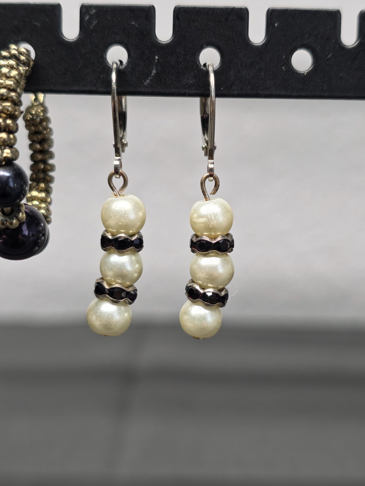 Lot of 3 Vintage Pearl Dangle Earrings Rhinestone Rondelle Hoop Latch Leverback