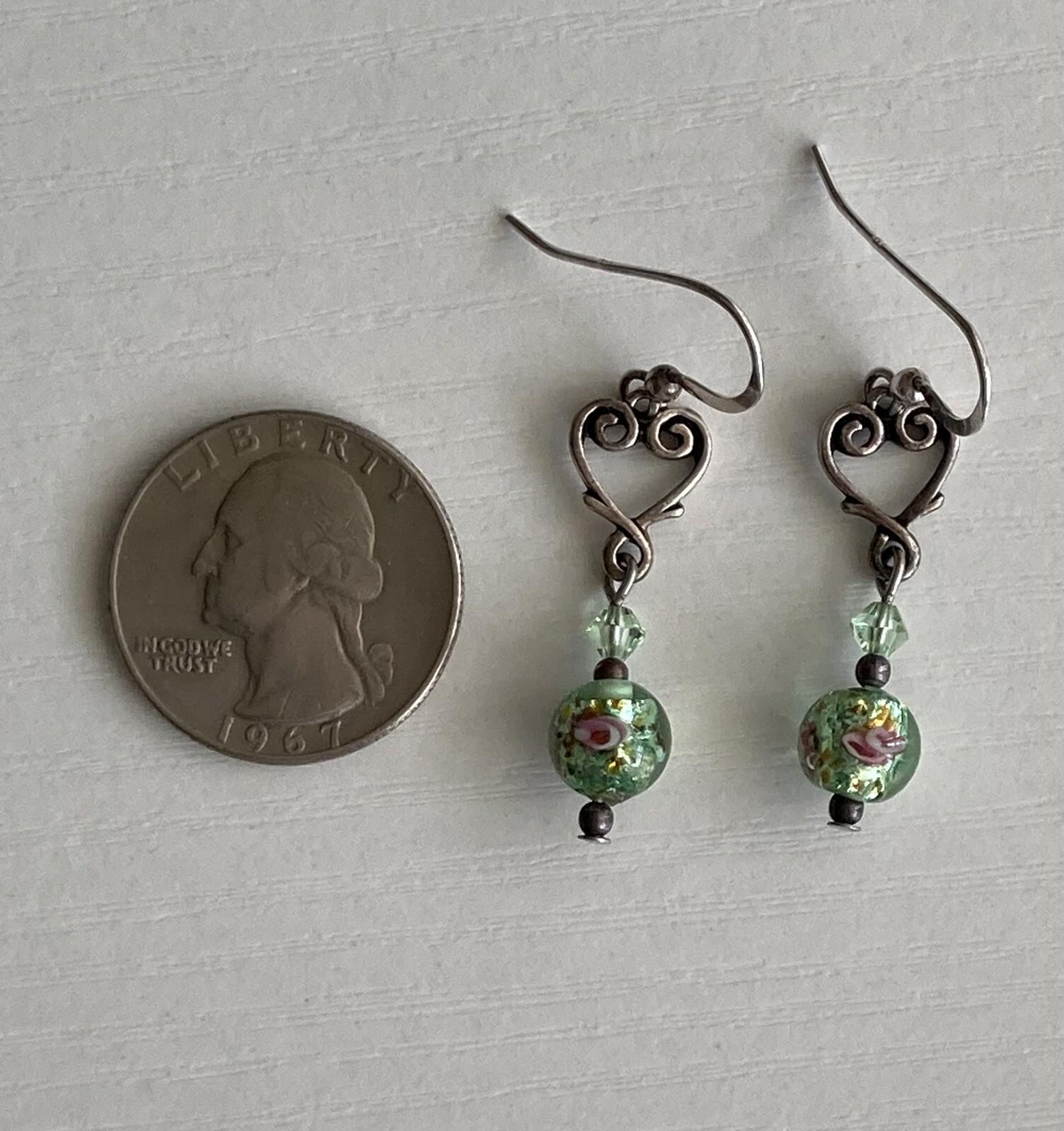 Sterling Silver Heart Round Glass Bead Earrings Dangle Drop Green Pink 1.75inch
