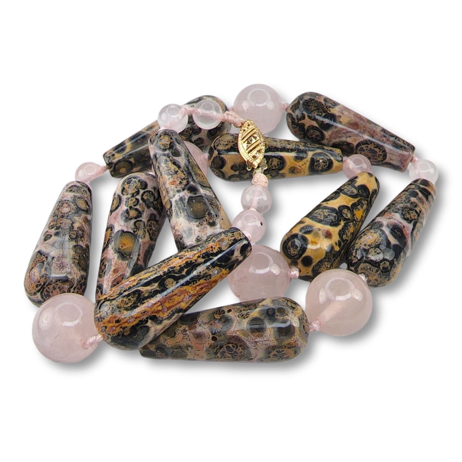Vintage Rose Quartz and Pink Ocean Jasper Necklace with 14KT Yellow Gold Clasp