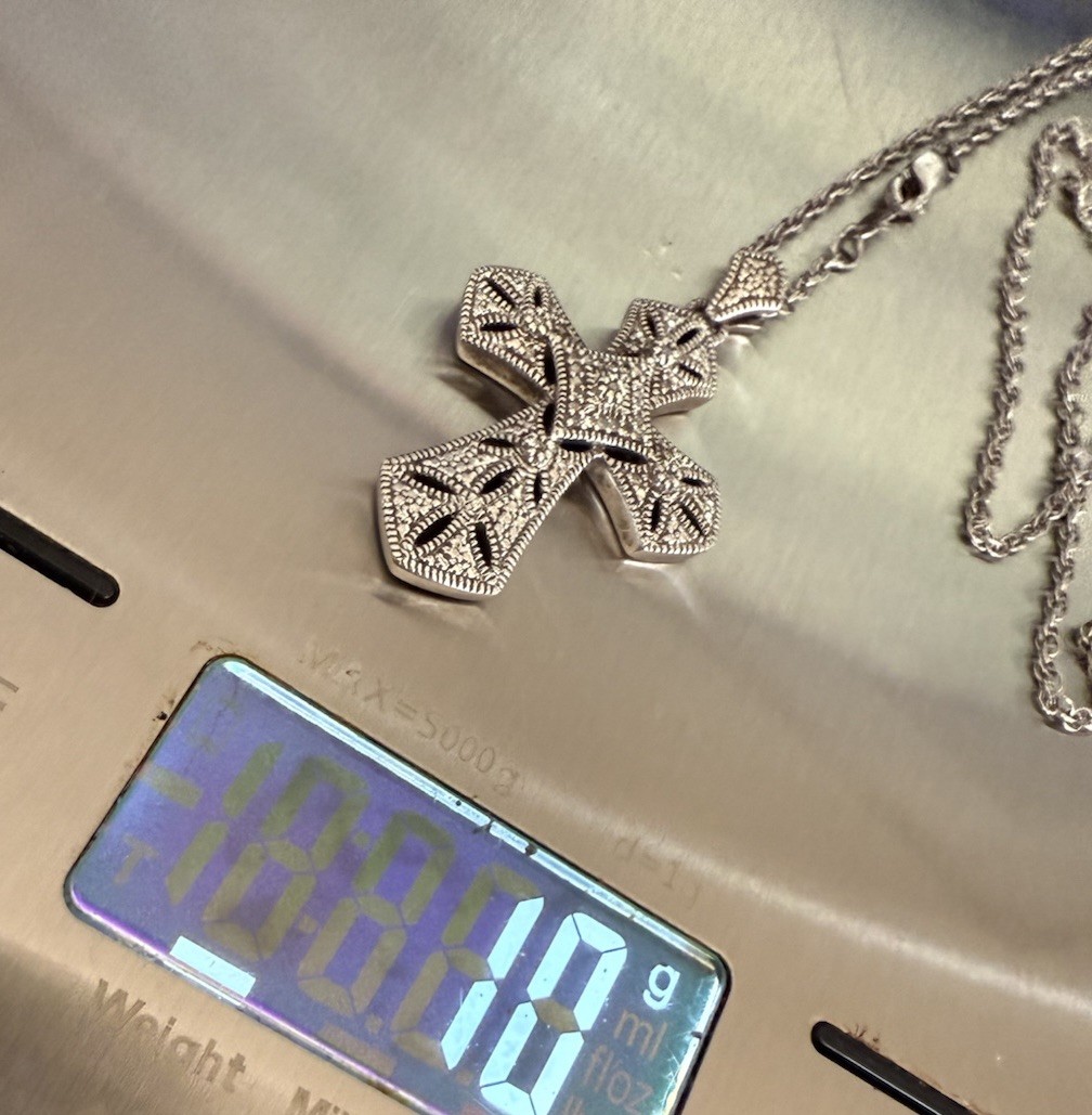 ESTATE Vintage 925 Silver & 5 Accent Diamond Cross Pendant on 925 Chain Necklace