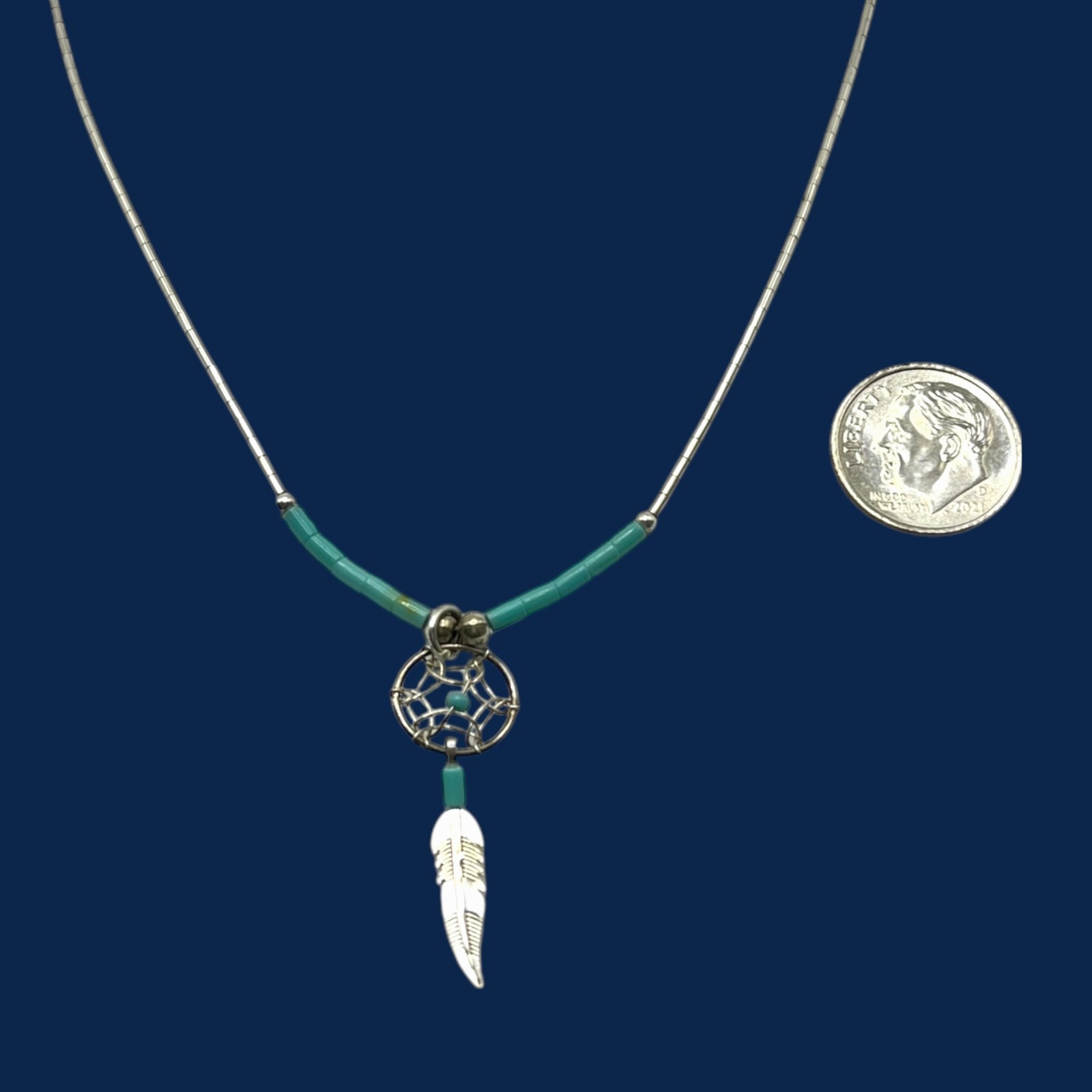 Vintage Liquid Silver Dreamcatcher Necklace Blue Bead Feather Charm Southwestern