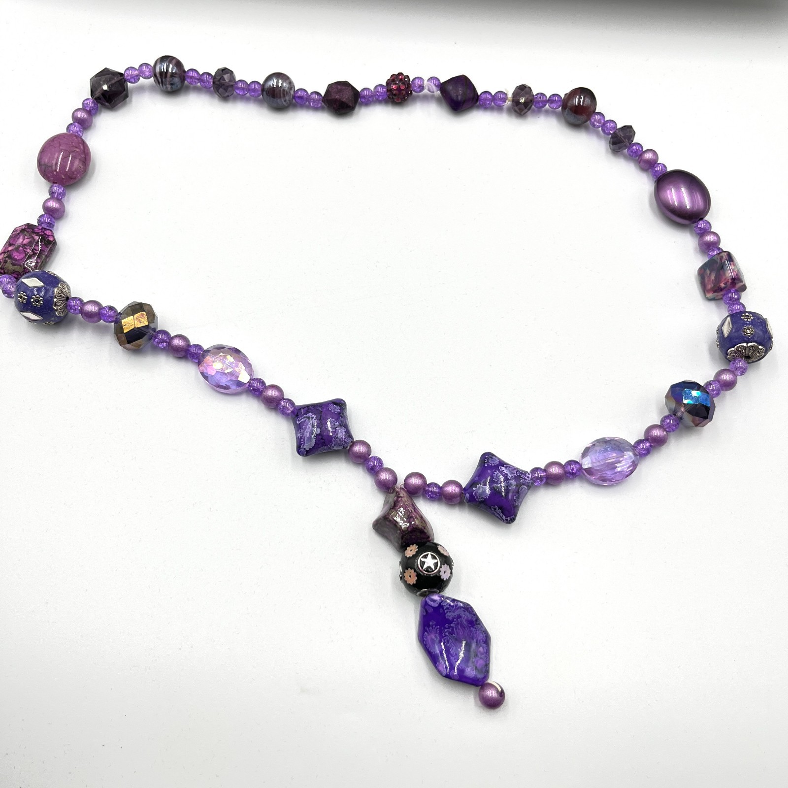 Vintage Retro Purple Multi-Stone Beaded Necklace Mixed Media Art Deco Style