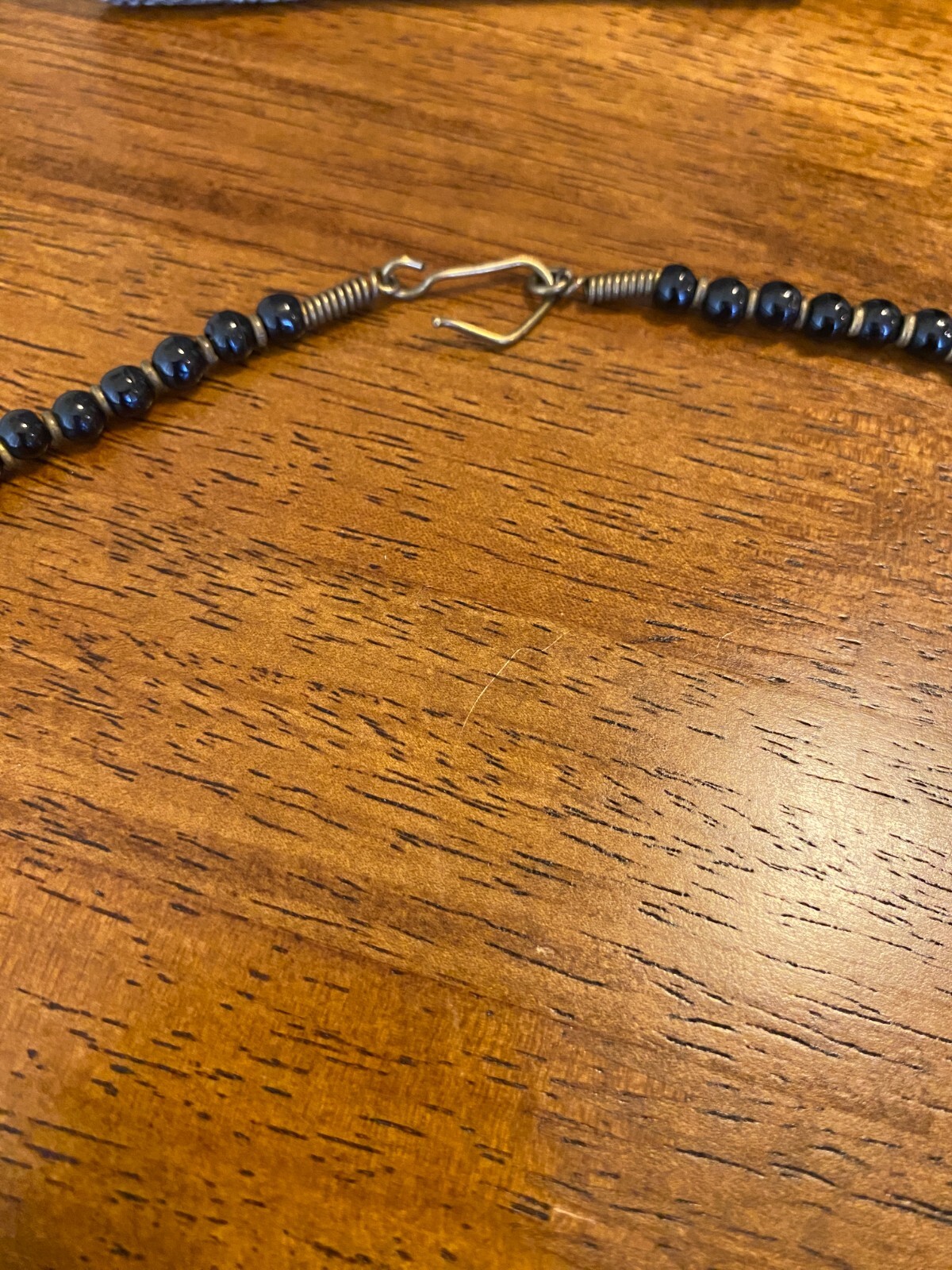 Vintage Black Onyx Bead & Hammered Brass Charm Pendant Necklace Artisan