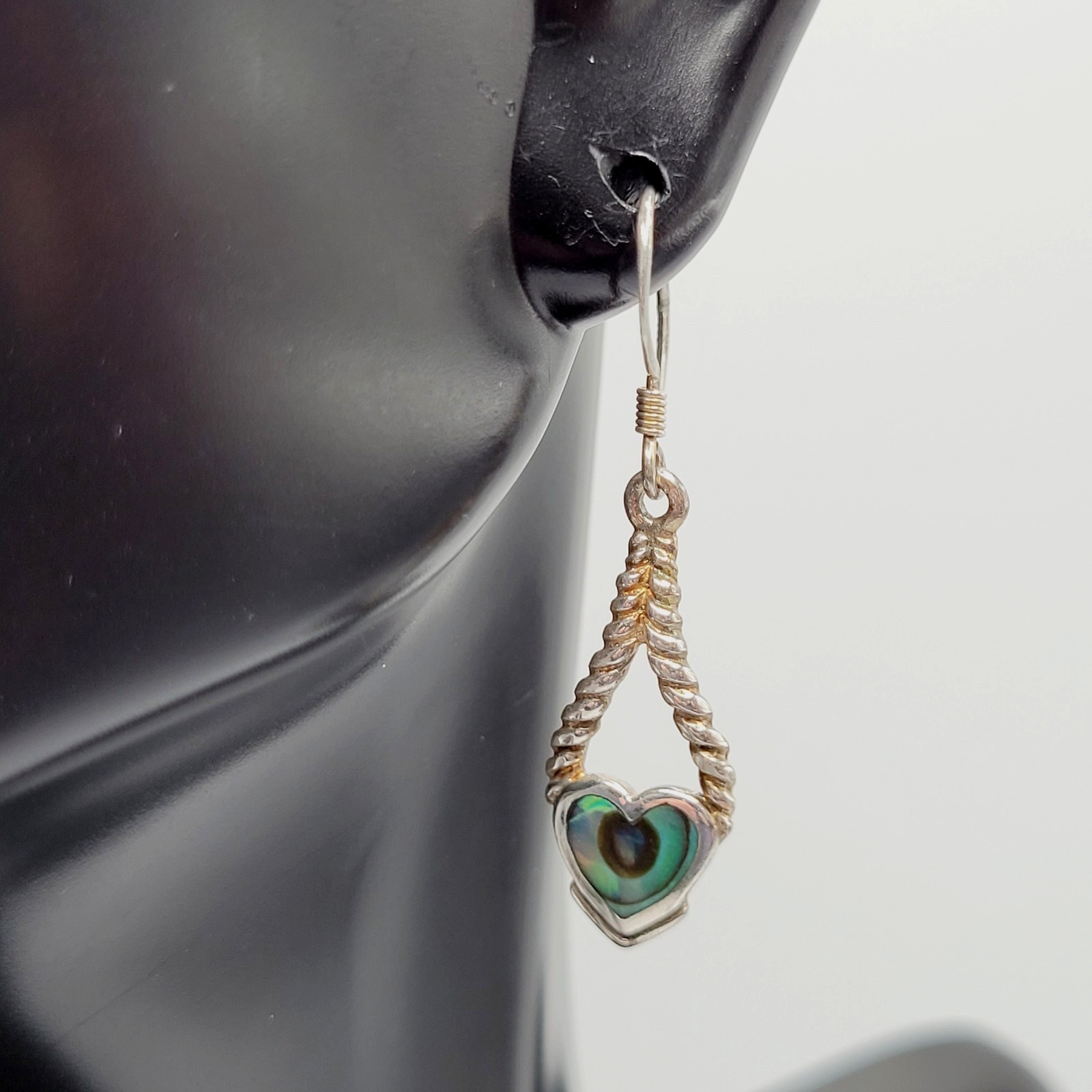 Heart Twisted Open Metal Paua Shell Inlay Sterling 925 MC Hook Pierced Earrings