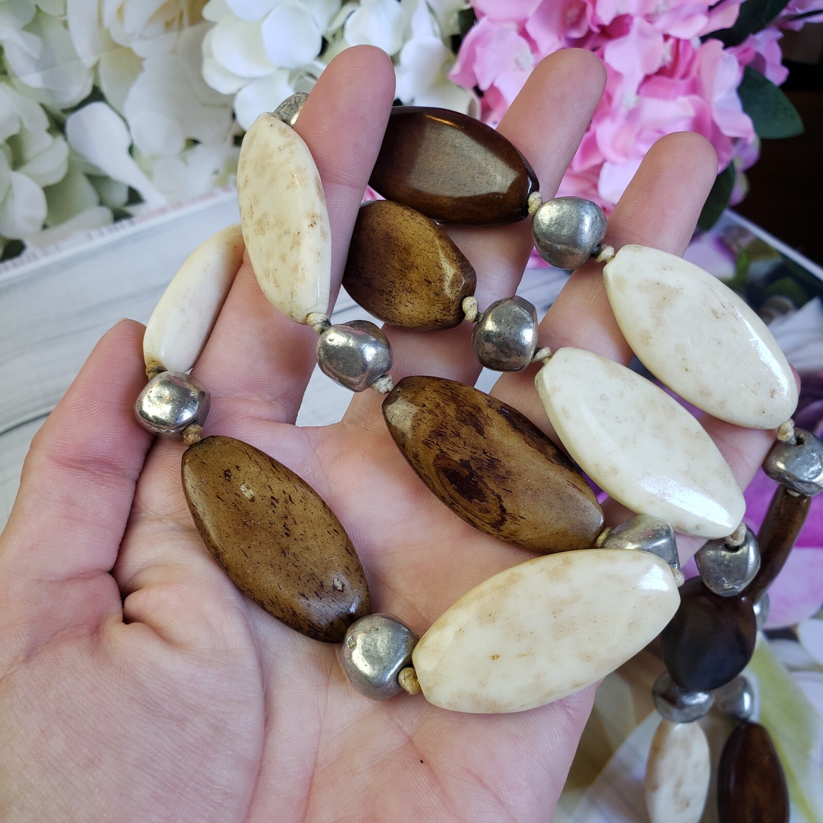 Artisan White & Brown Beaded Long Silver Tone Necklace