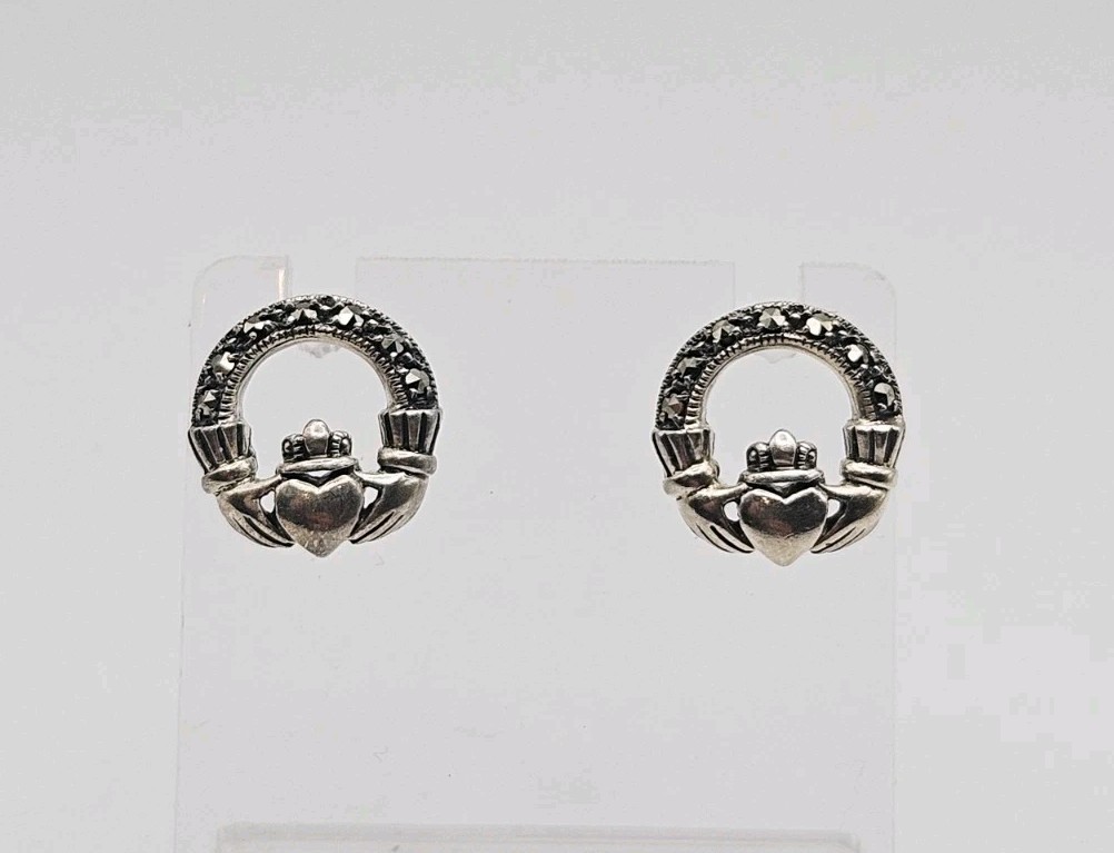 AC Irish Sterling Silver Vintage Marcasite Claddagh Post Back Earrings .5″