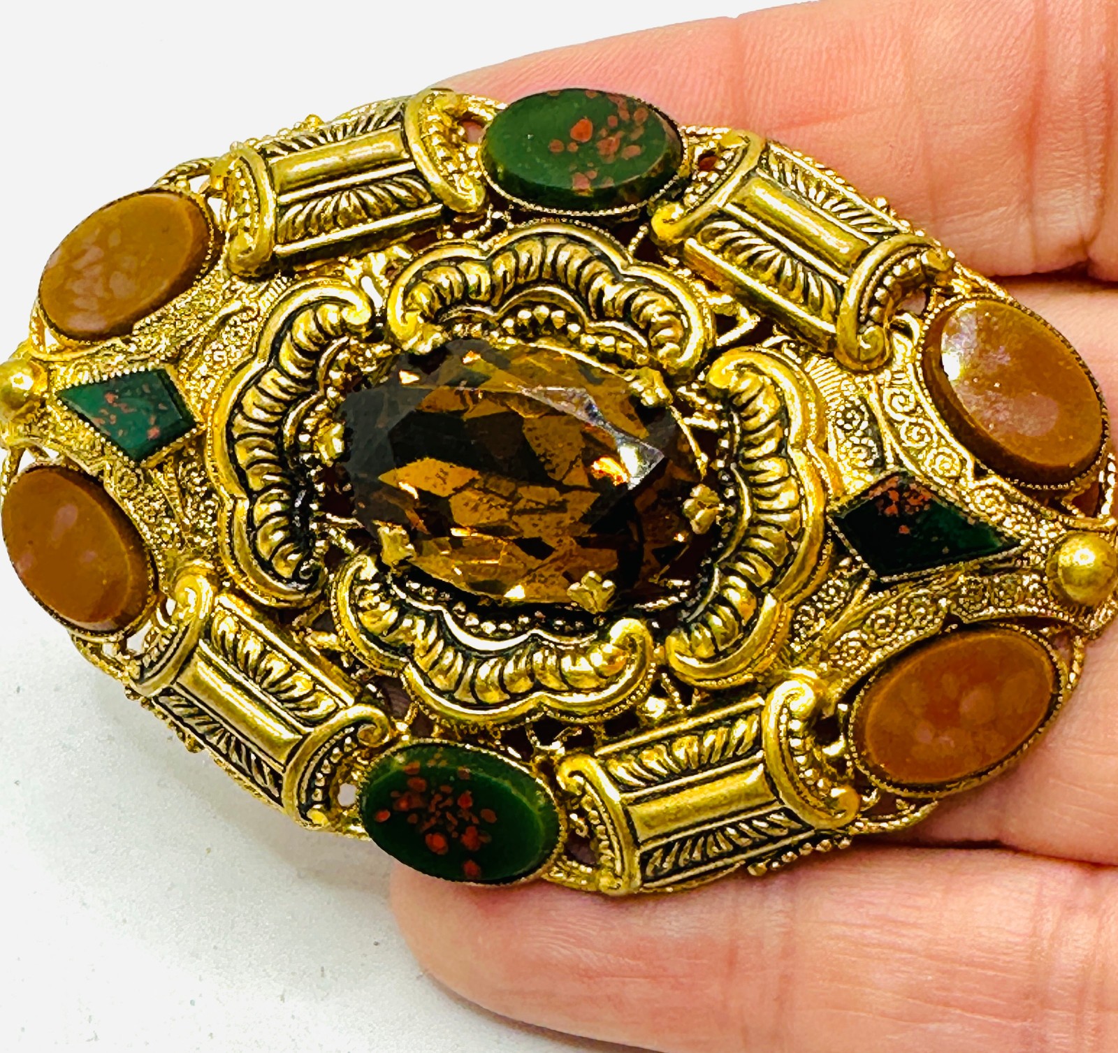 Rare Ornate Antique Victorian Art Nouveau Czechoslovakia BLOODSTONE Brooch