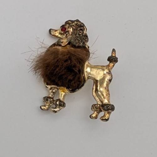 vintage brooch gold tone poodle rhinestone eye faux fur – as is