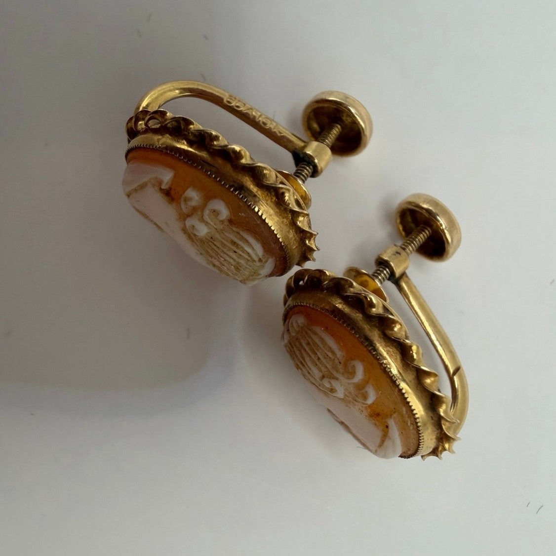 Vintage 10K Gold Cameo Screw Back Earrings Classical Lady Portrait Estate BDA