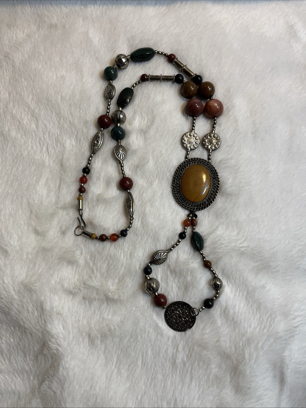 Vintage Tibetan Silver Metal Agate Stone Statement Necklace