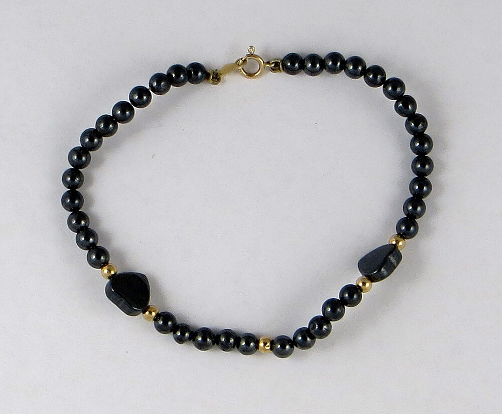 14K GOLD CERAMIC? BEADS HEARTS BRACELET 7 1/4″, 5/16″ WIDE