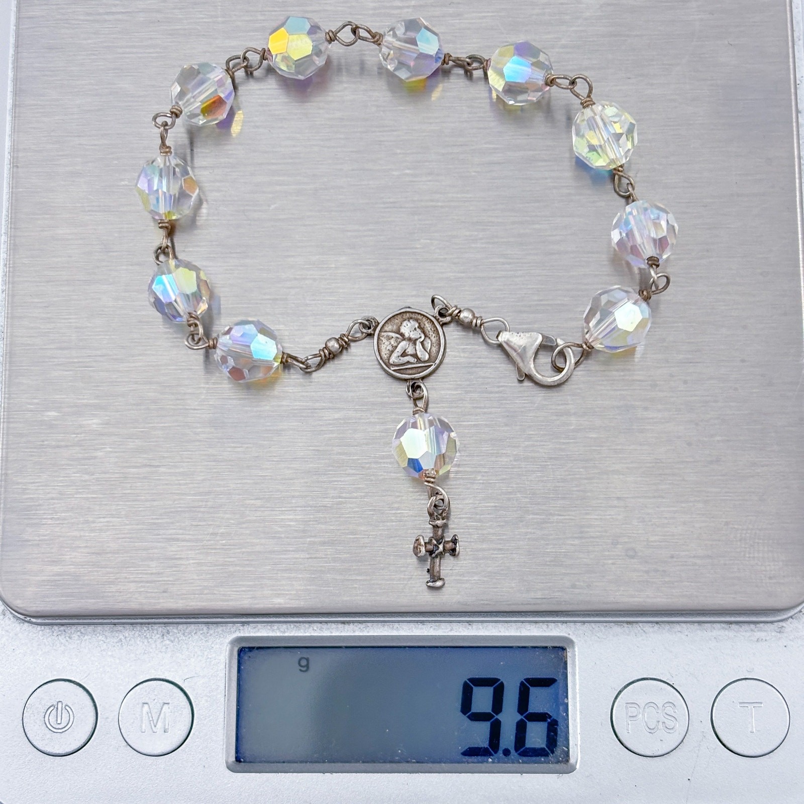 Vintage Sterling Silver 925 Aurora Borealis AB Rosary Bracelet 7.25″