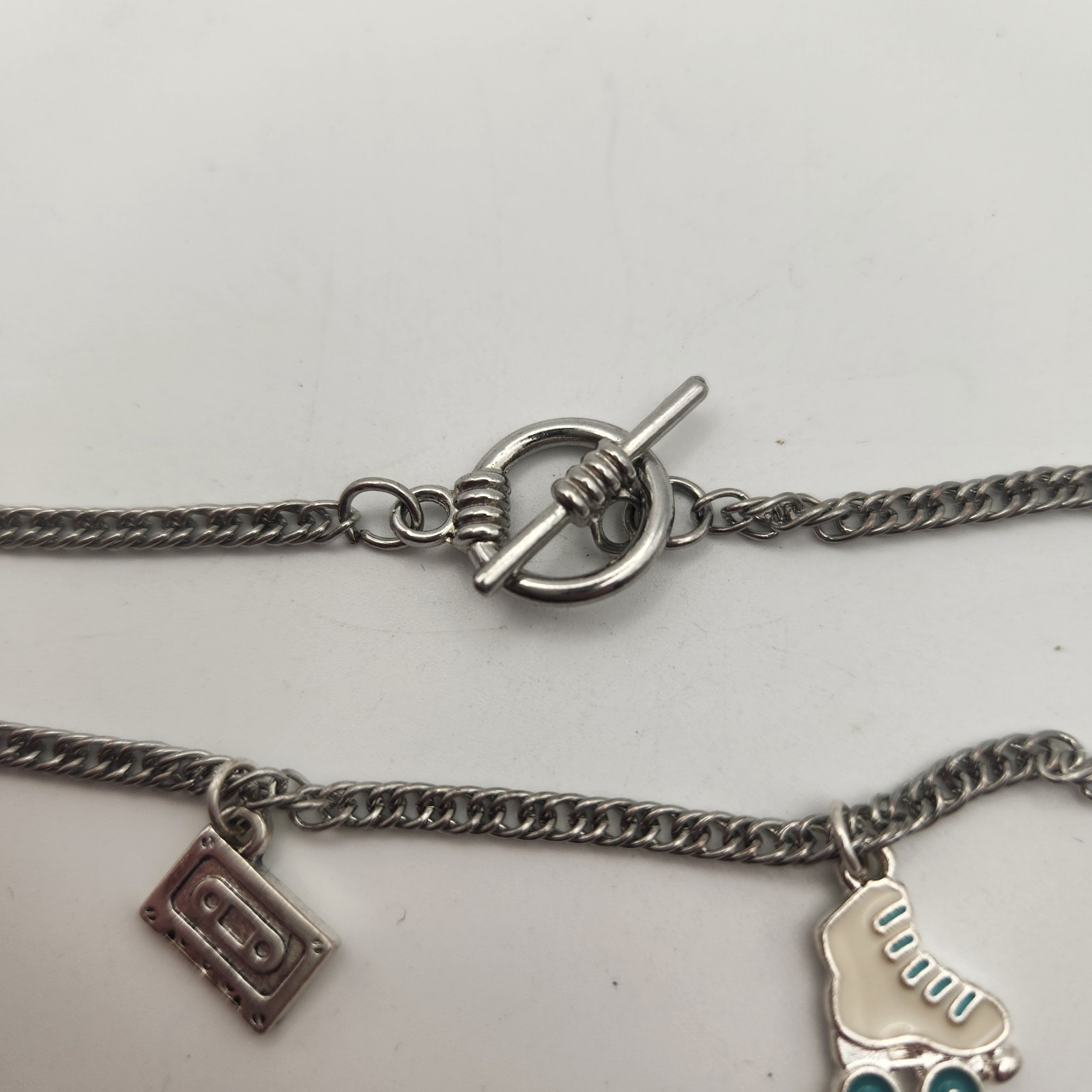 Vintage Silvertone Charm Bracelet Toggle Closure 8.5″ Retro Skate Cassette Tape