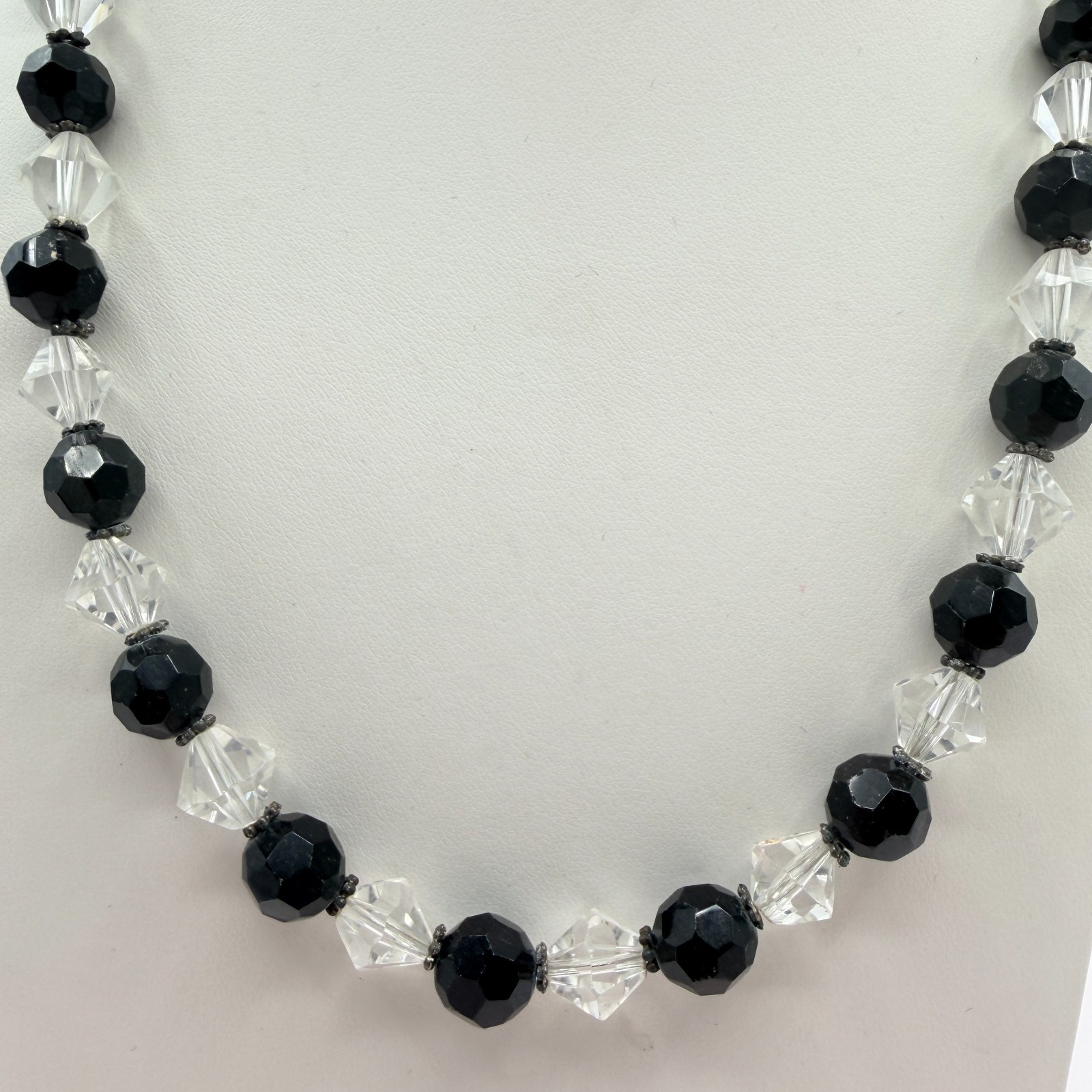 Vintage Black Clear Crystal Bead Necklace Bracelet Dangle Earrings Matching Set