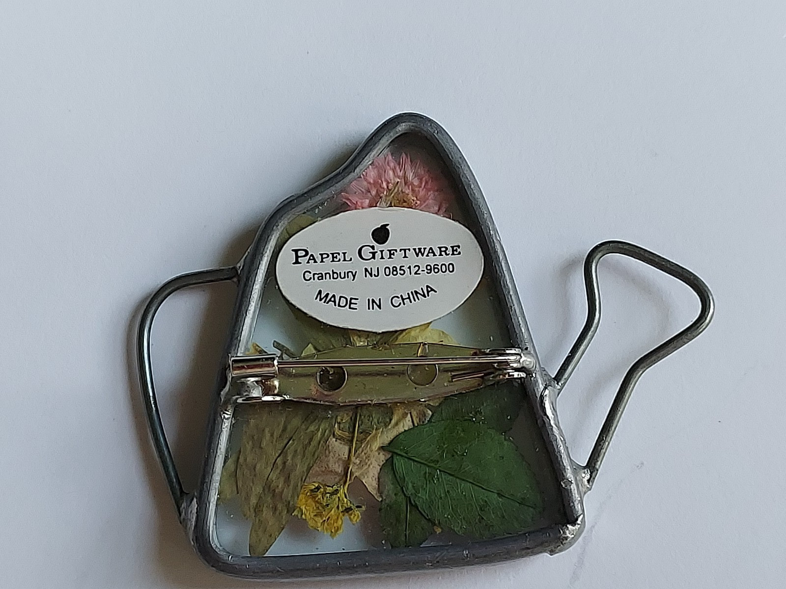 Vintage Flower Pin Watering Can Garden Signed Papel Incassed Glass Violet Brooch