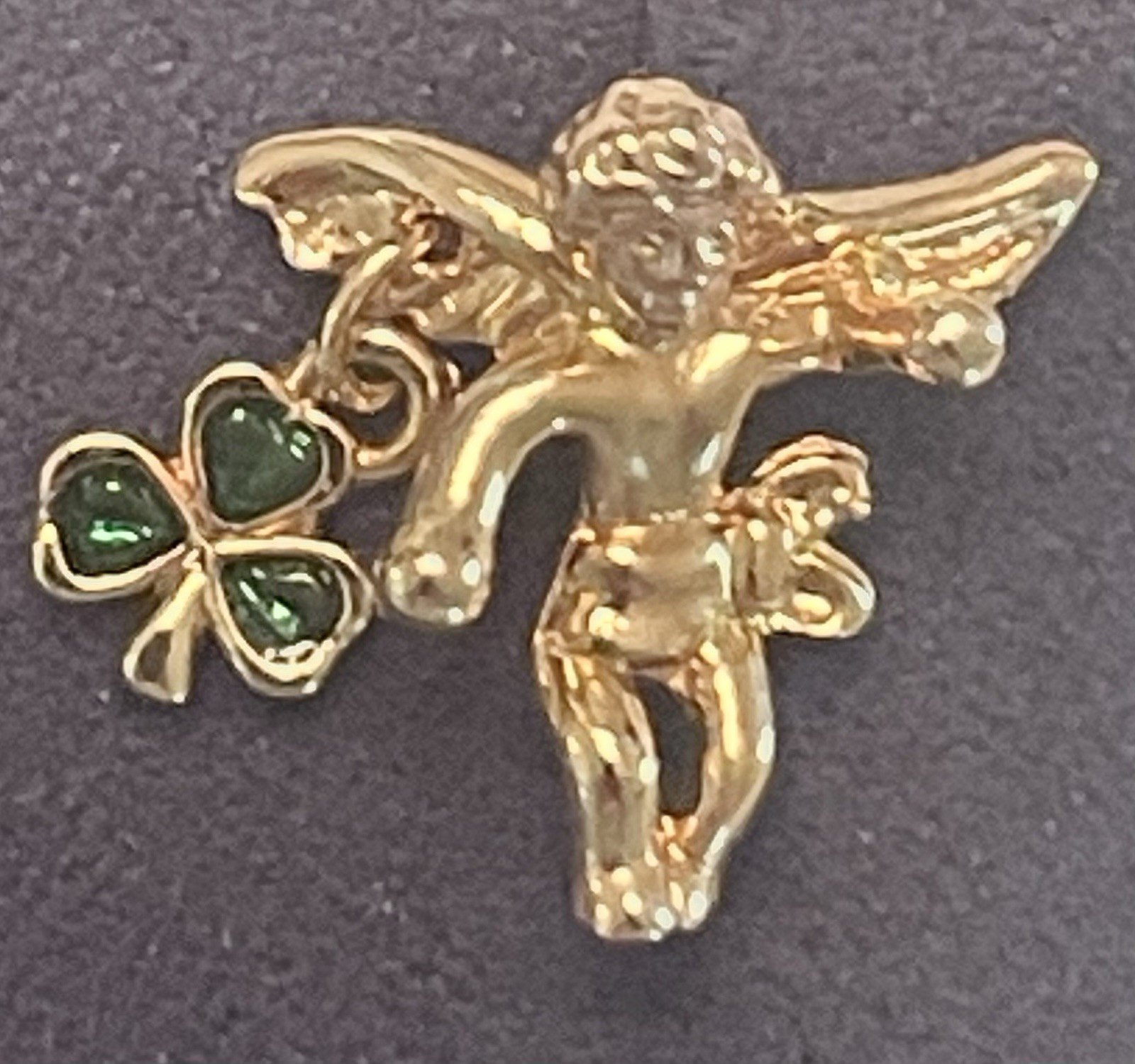 Pair of Vintage Sol D’or Golden Finish Cupid Green Enamel Clover Tie Pins ~ NIB