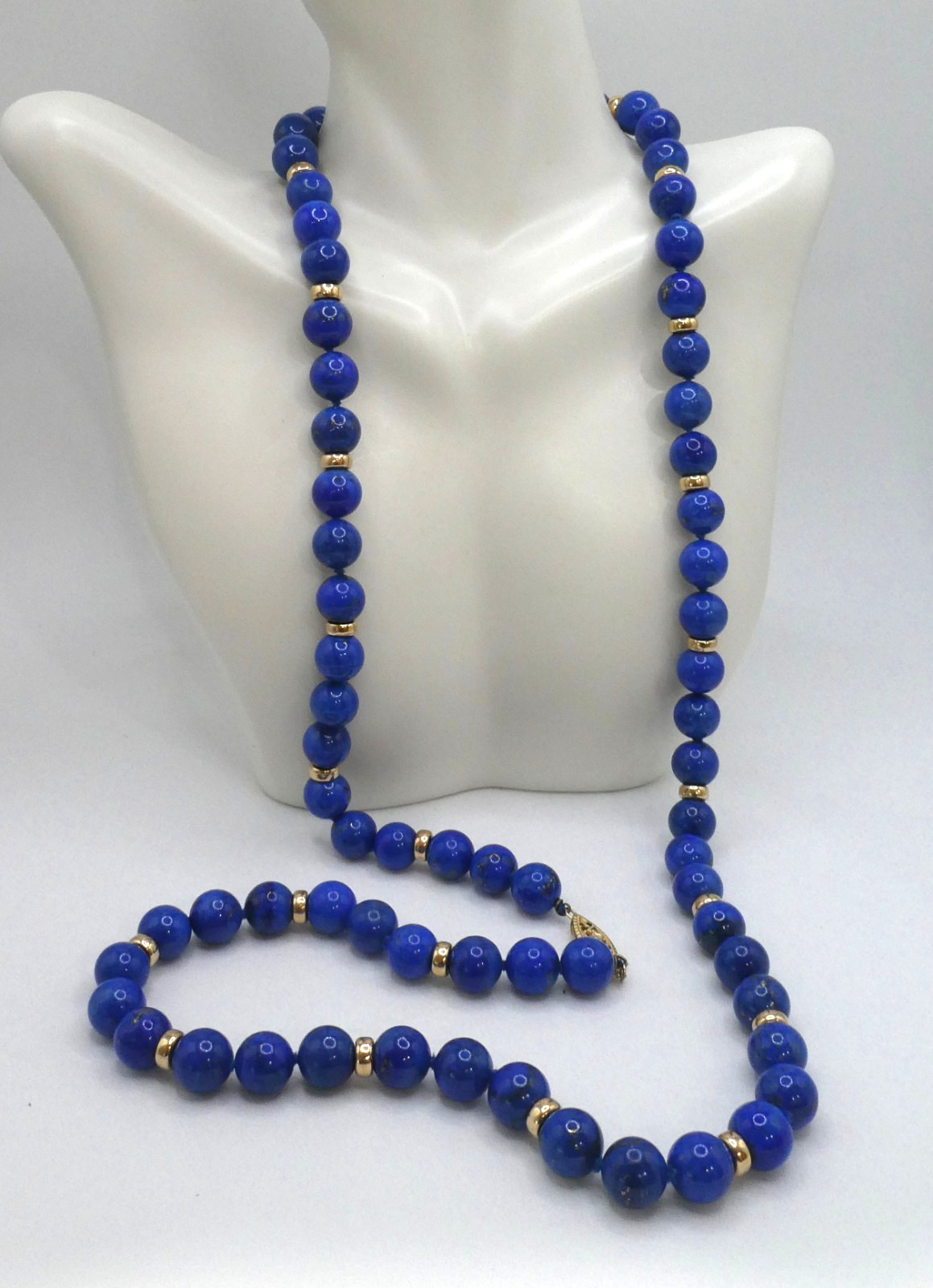 14K Gold 10mm Lapis Lazuli Beaded Necklace 106g – 32”l Opera 14K Rondelle Spacer