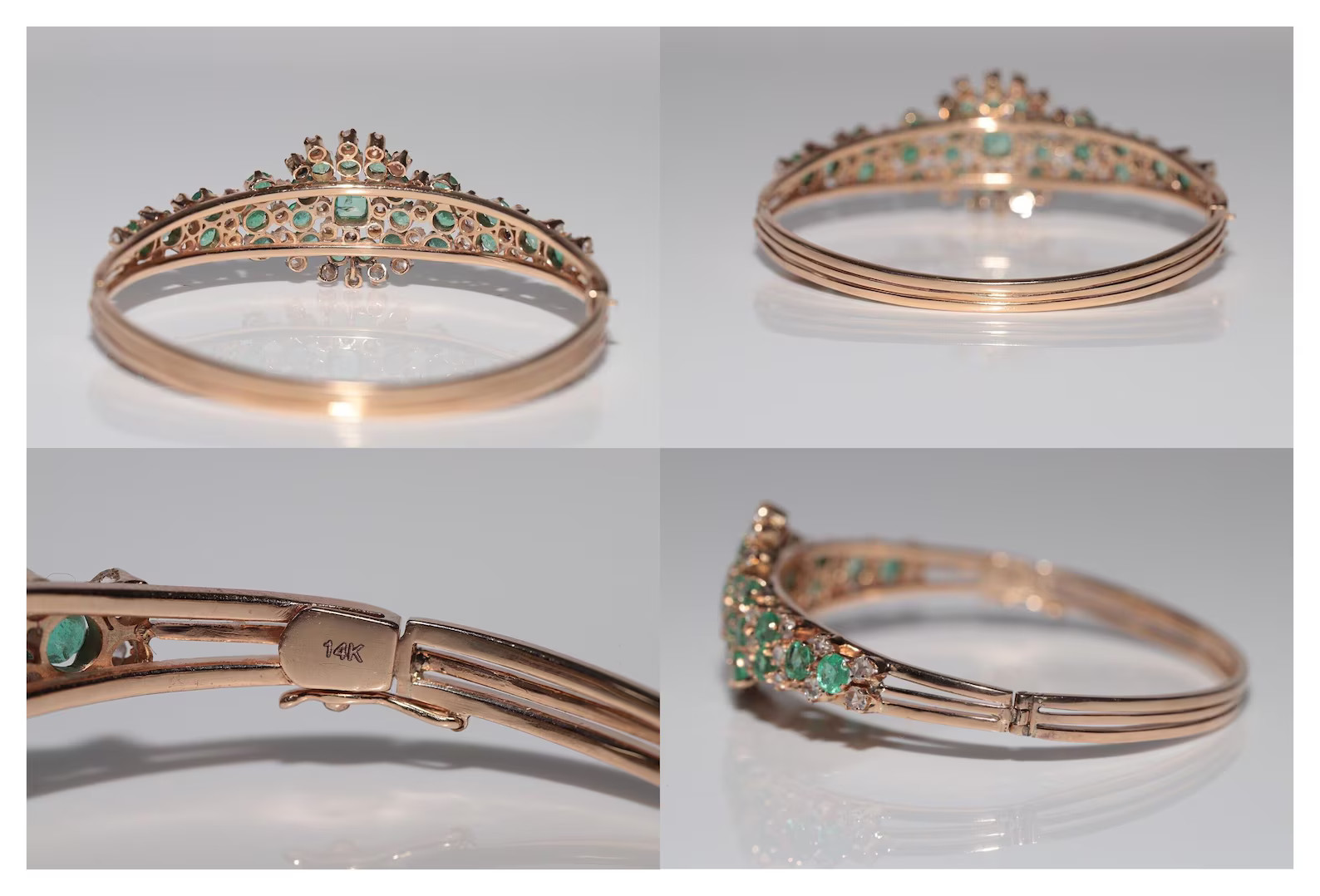 Antique Circa 1900s 14k Gold Natural Rose Cut Diamond And Emerald Bracelet