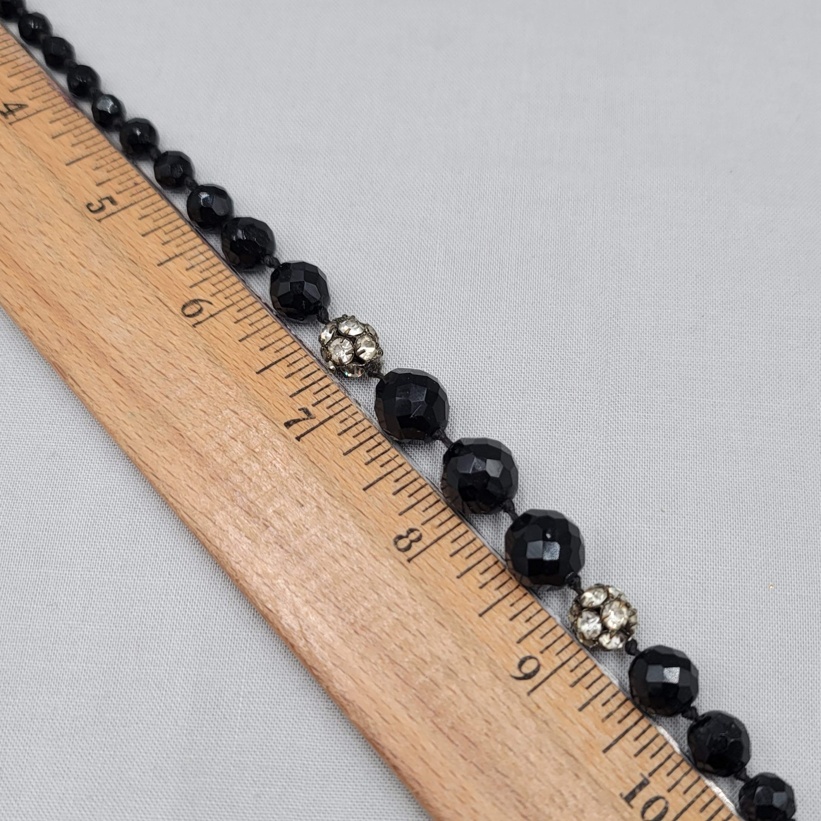 Vintage Black Glass Rhinestone Necklace Silver tone 15″-16.5″