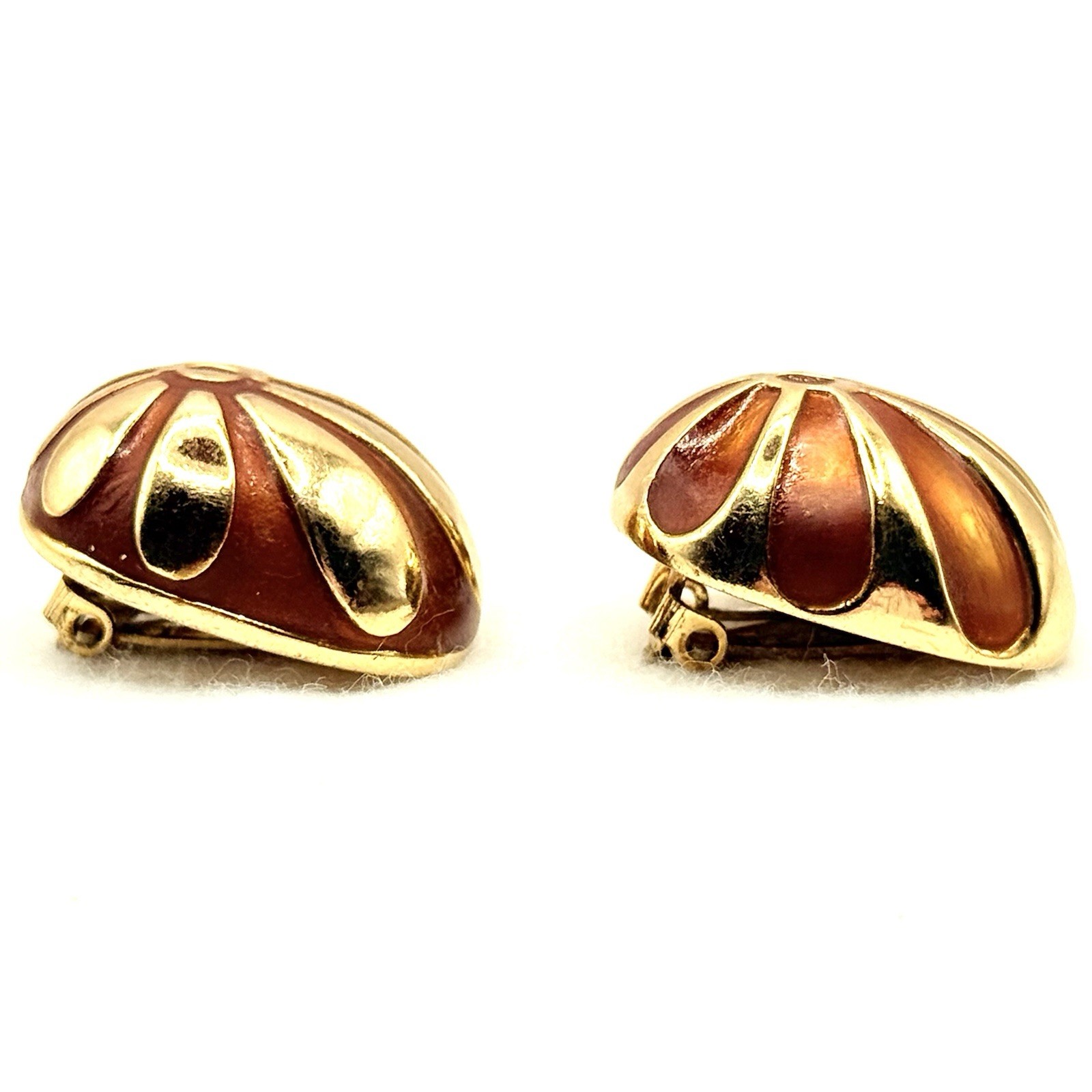 Vtg Orlena Goldtone Earrings ClipOn French Geometric Pattern Amber Enamel Rare G