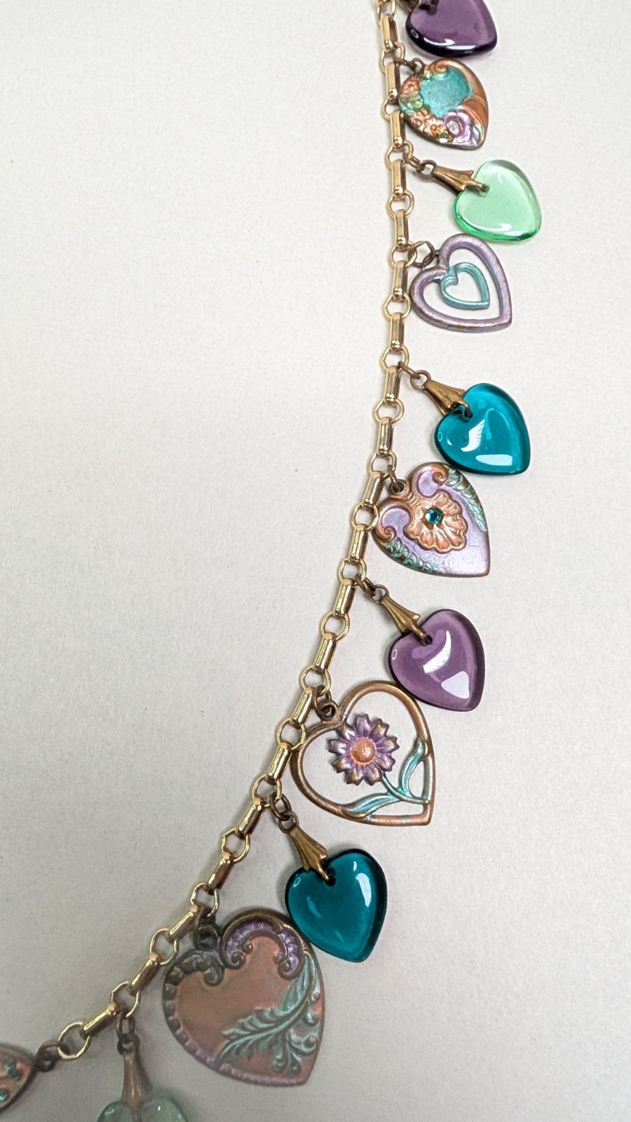 Vintage Glass Works Studio Heart Charms Multicolor Hearts Theme Necklace 30 In