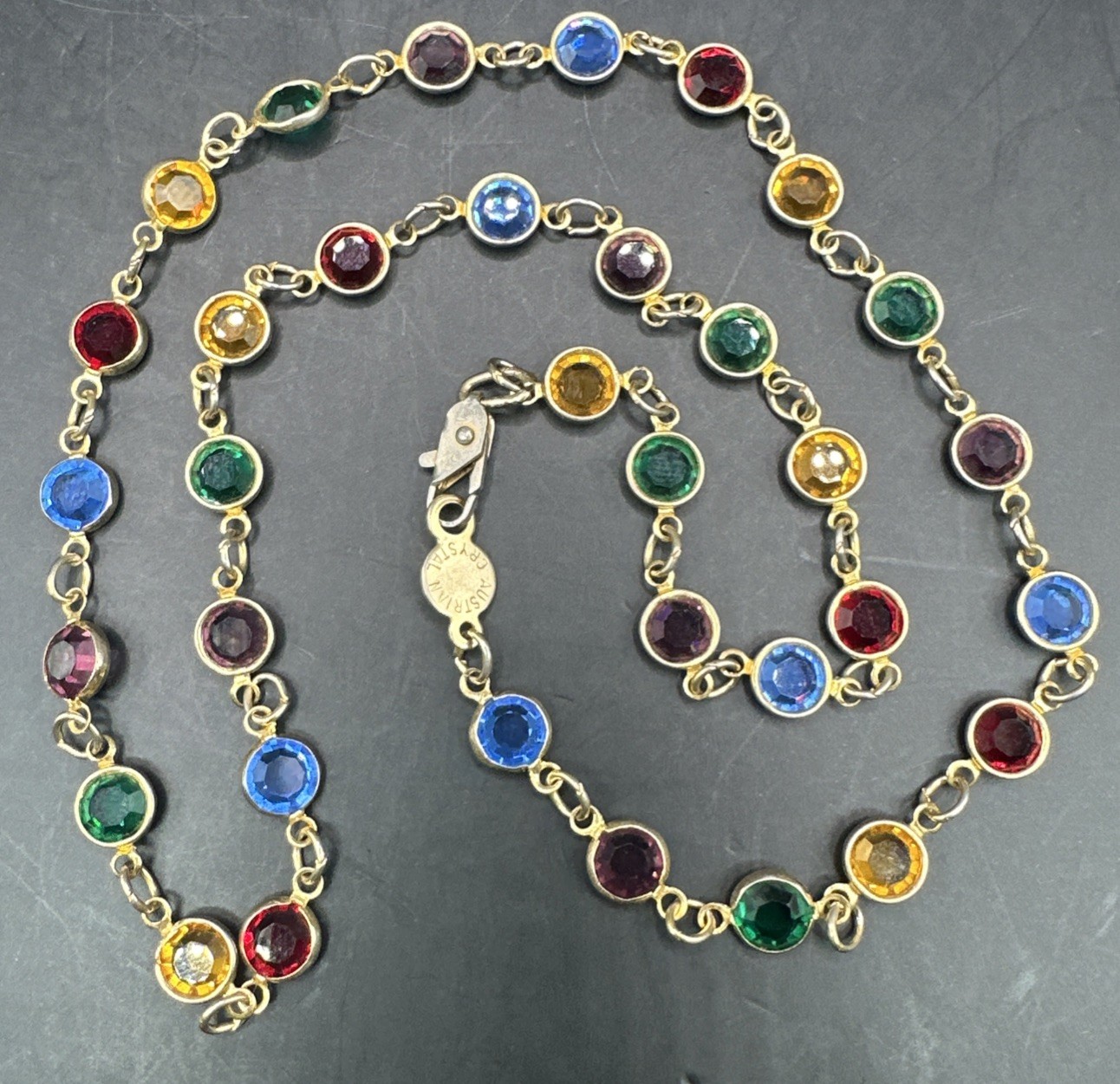 Vintage Austrian Crystal USA Multi-Color Crystal Necklace Bezel Set Jewelry 19″