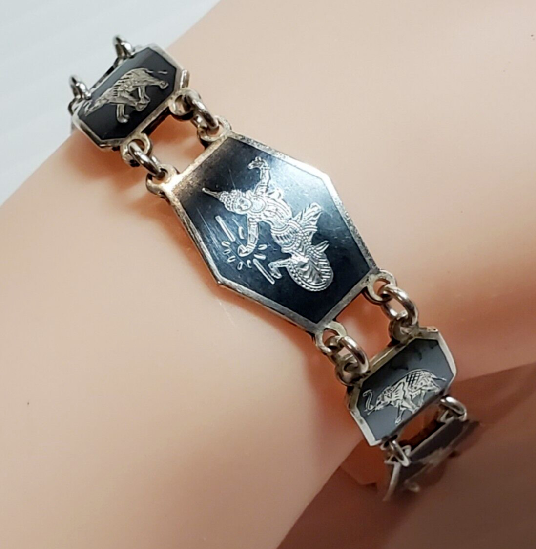 VTG Sterling Silver Siam Black Nielloware Filigree Bracelet 7in 21.4g AMFARCO