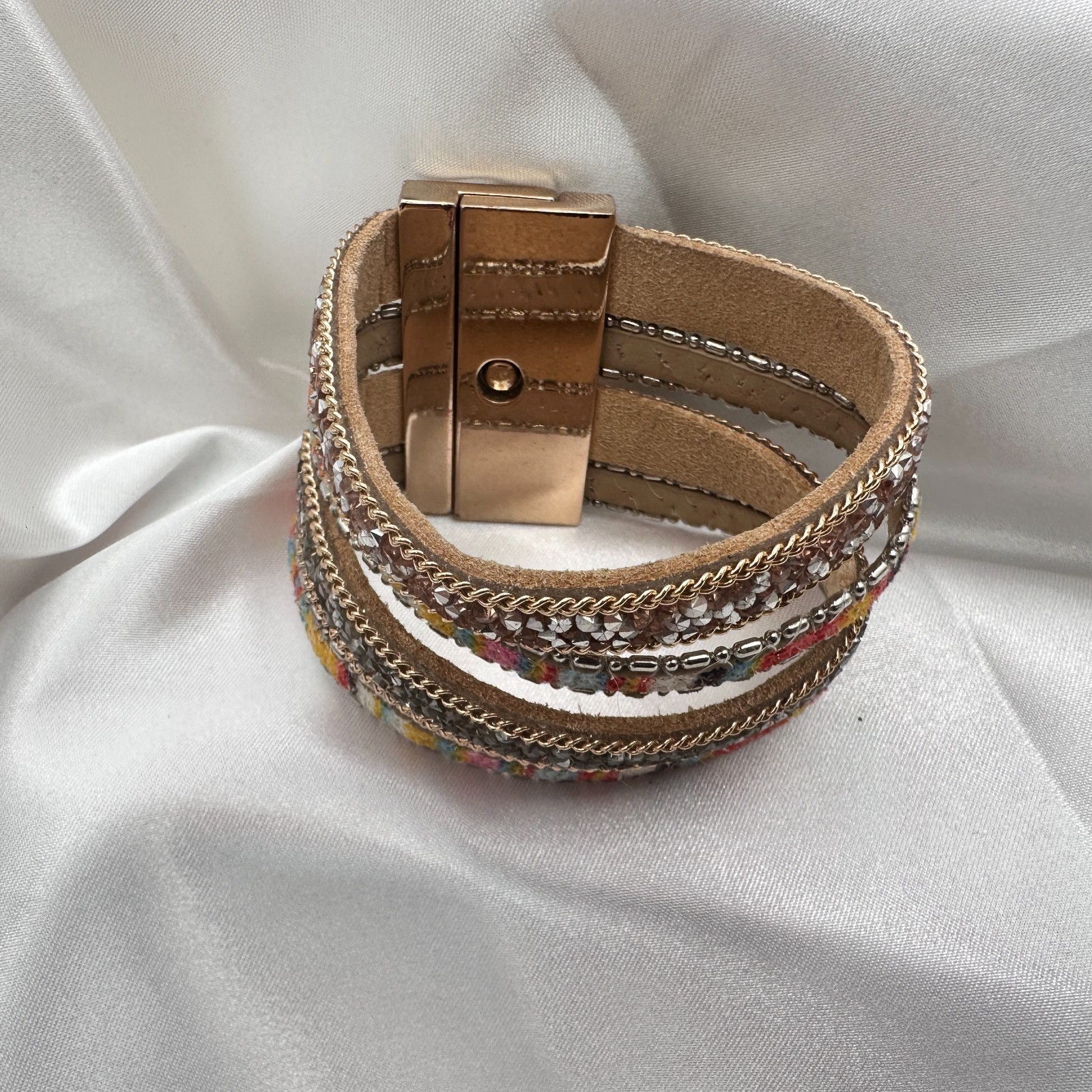 Vintage 90s Multi-Strand Wrap Bracelet Glass Fabric Statement Fashion Jewelry