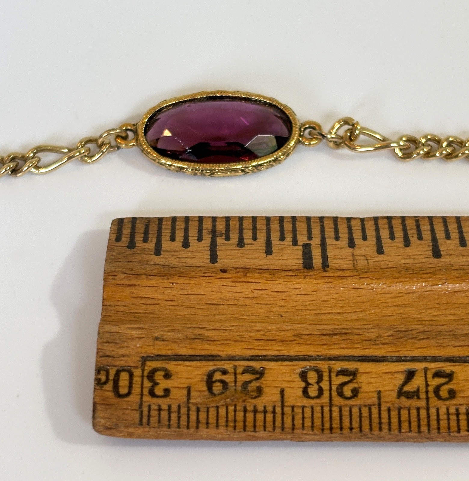1928 Brand Amethyst Purple Crystal Bezel Necklace Goldtone Figaro Link Chain 44″