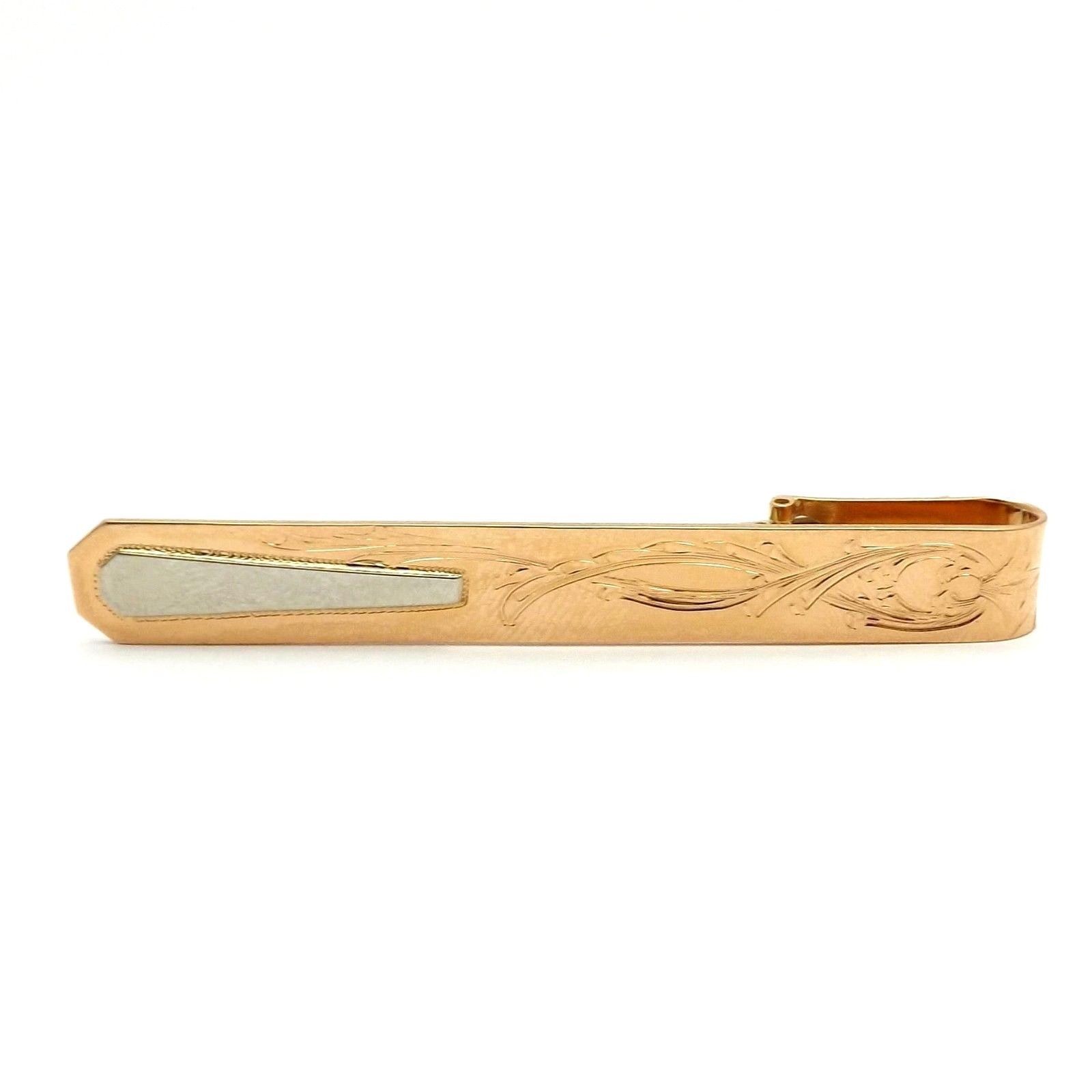 Art Deco Solid 18k Rose White Gold Tie Clip Coat Pin Hand Etched Italy 750