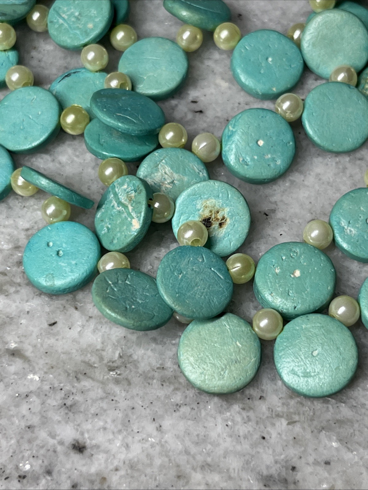 Turquoise Tone Cascade Necklace 4 Strand Layered Discs Beaded Faux Pearl Jewelry