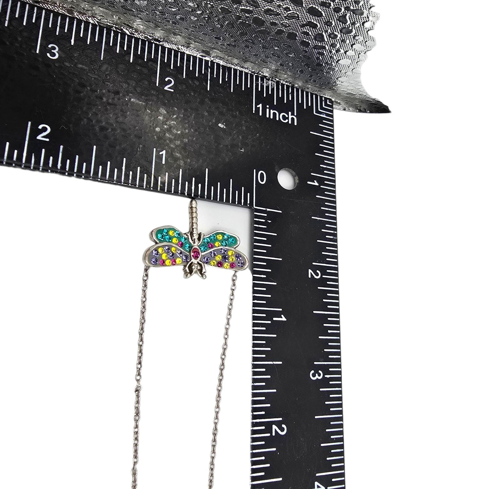 Necklace Small Dragonfly Pendant Multicolor Rhinestones Silver Tone 16″ SKU 2241