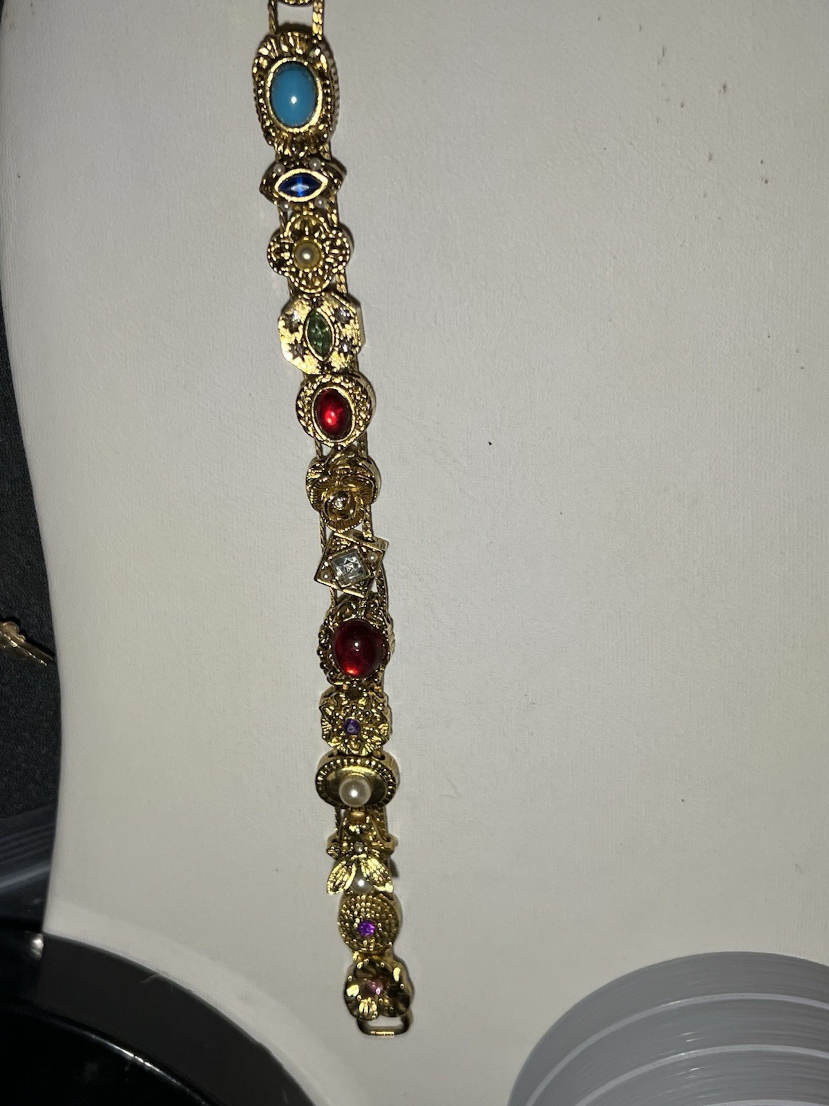 Vintage Victorian Revival Metal Tone Multi Gem Slide Bracelet Sz 7