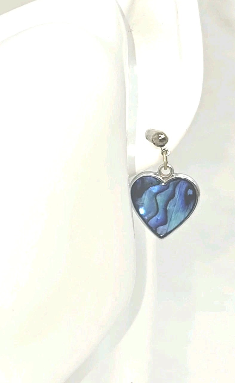 Vintage Paua Shell Heart Shaped Dangle Drop Earrings For Pierced Ears | 5/8″