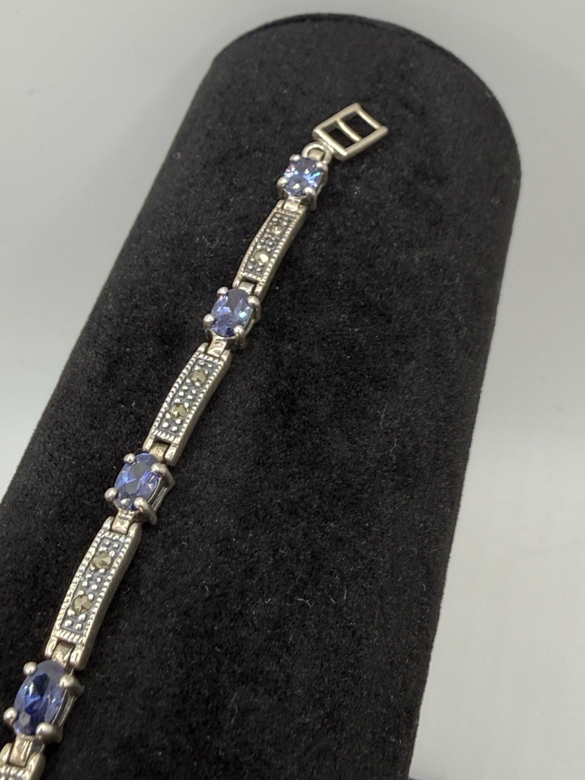 Vintage 925 CW Amethyst Marcasite Stone Panel Link Bracelet Sterling Silver 8”