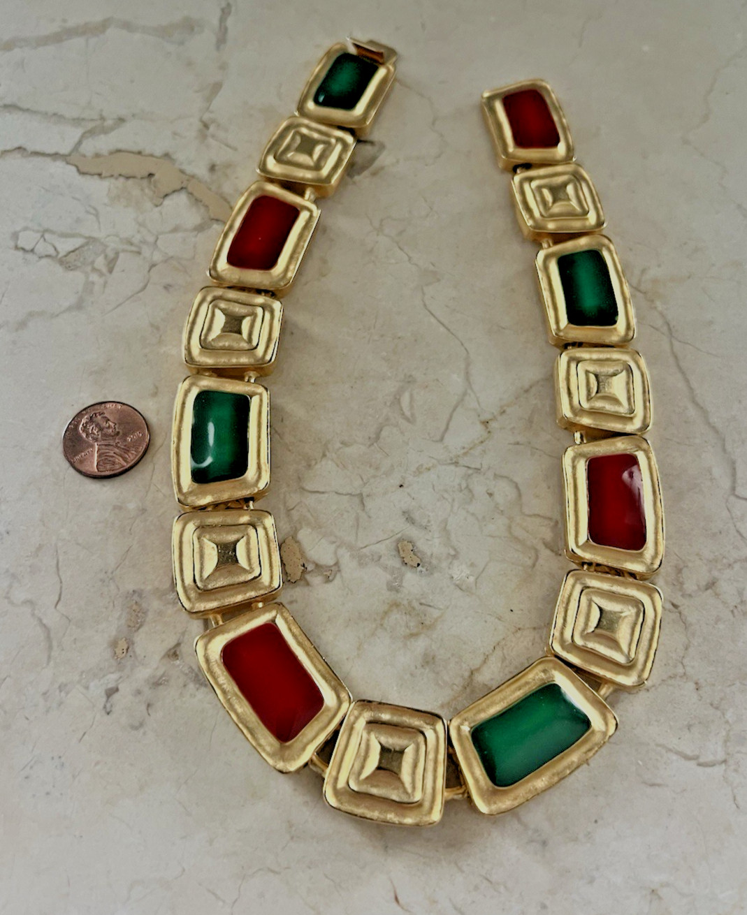 Vintage Green & Red Enamel Panel Chunky Gold Plated Necklace 16 1/2″